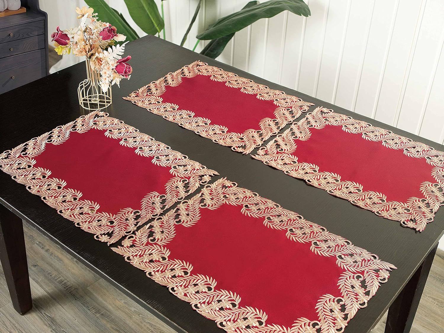 Wine Grace – Burgundy Gold Table Placemats, Anyce Collection Modern Dining Décor 12*18 inch