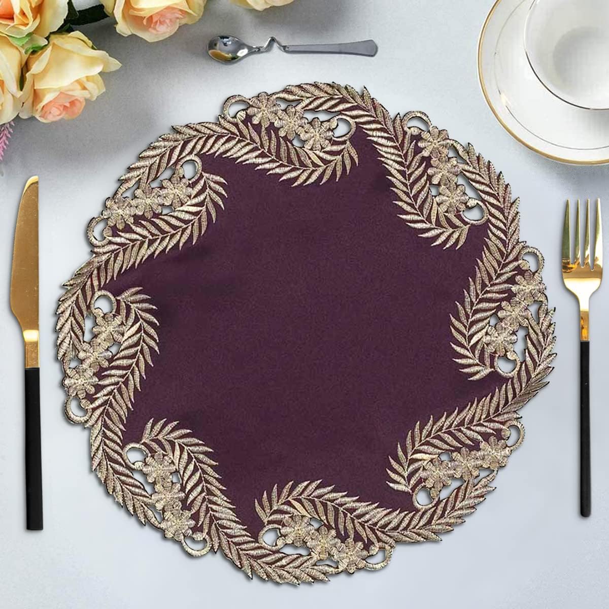 Violet Dream – Plum Gold Table Doilies, Anyce Collection Artistic Home Table Décor 15 inch