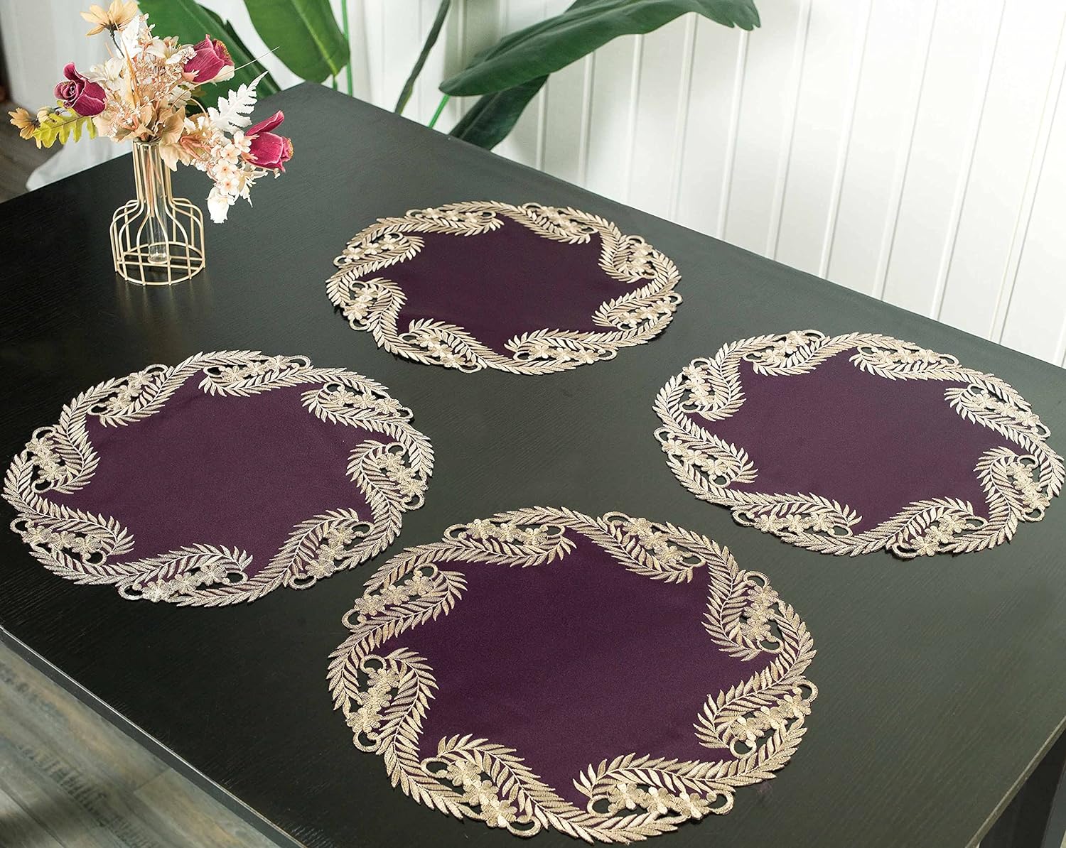 Violet Dream – Plum Gold Table Doilies, Anyce Collection Artistic Home Table Décor 15 inch