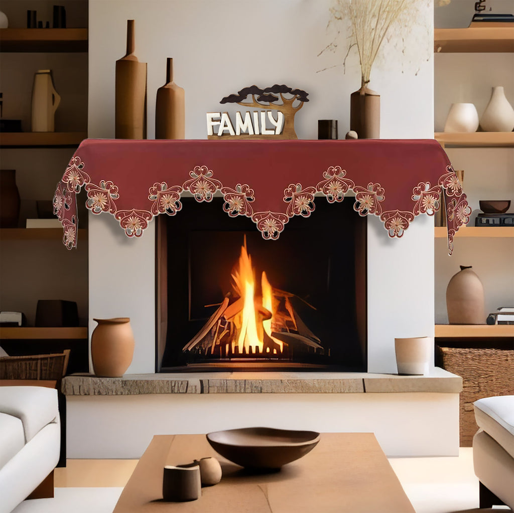 Imperial Red – Gold Lace Red Mantel Scarf Cover, The Imperial Red Collection Elegant Embroidered Home Décor 18x90 inch
