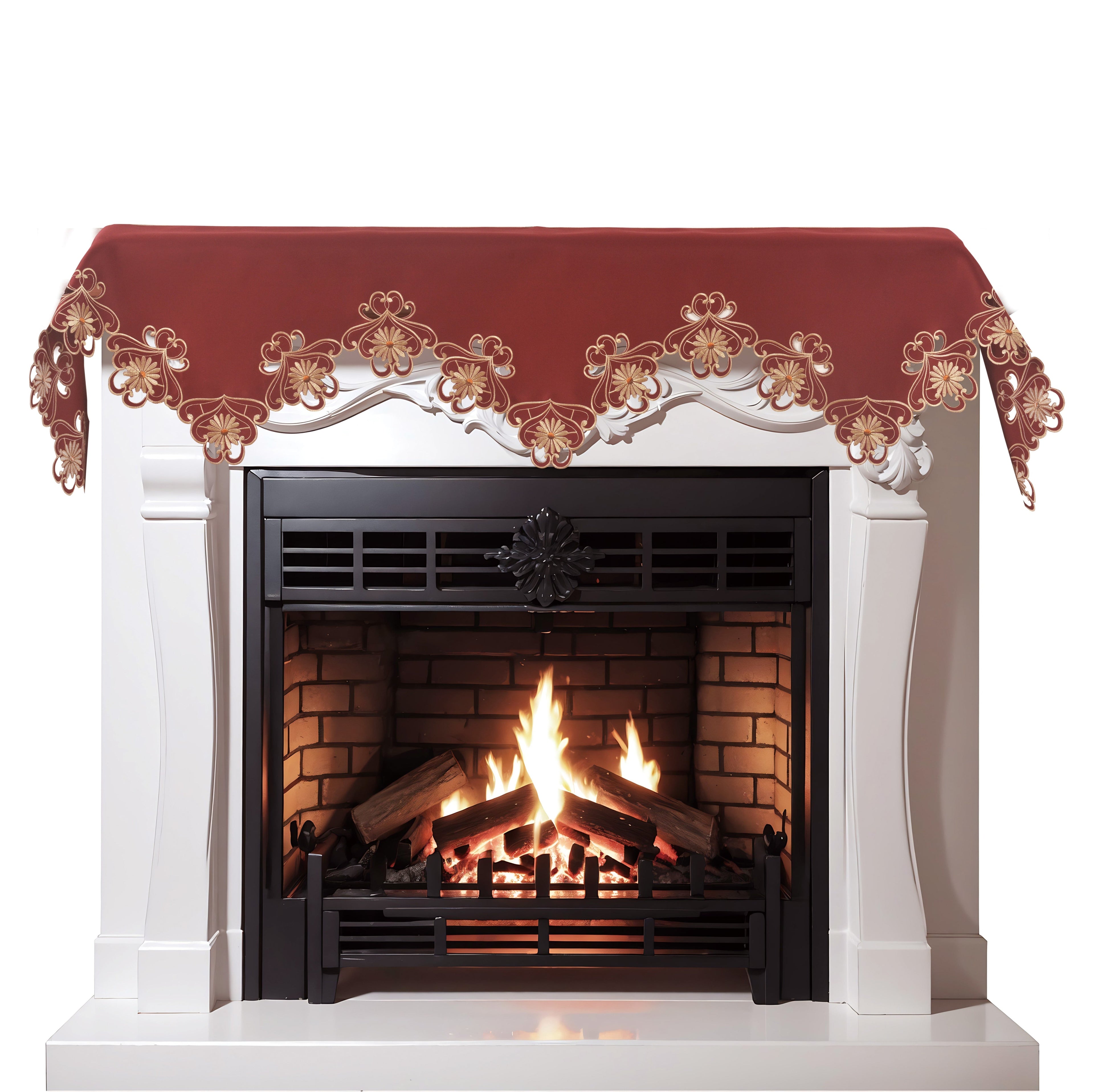 Imperial Red – Gold Lace Red Mantel Scarf Cover, The Imperial Red Collection Elegant Embroidered Home Décor 18x90 inch