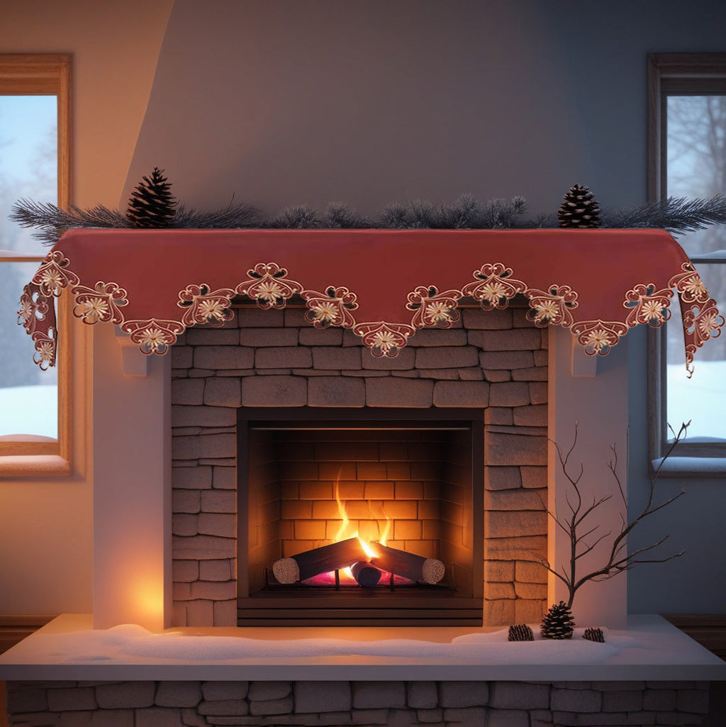 Imperial Red – Gold Lace Red Mantel Scarf Cover, The Imperial Red Collection Elegant Embroidered Home Décor 18x90 inch