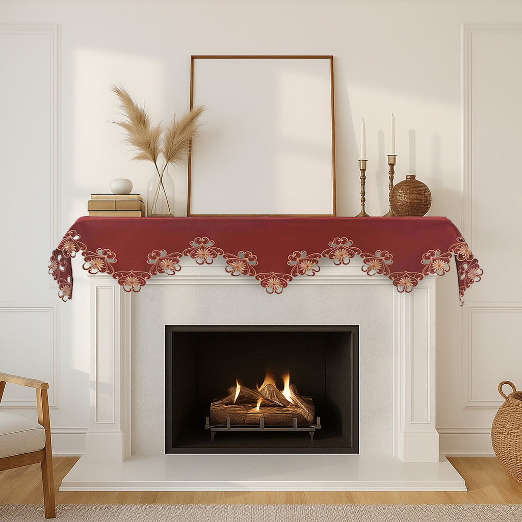 Imperial Red – Gold Lace Red Mantel Scarf Cover, The Imperial Red Collection Elegant Embroidered Home Décor 18x90 inch