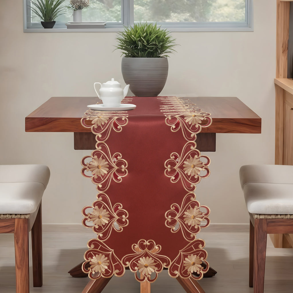 Imperial Red – Gold Lace Red Table Runner, European Embroidery Decorative Dresser Scarf 14*108 inch