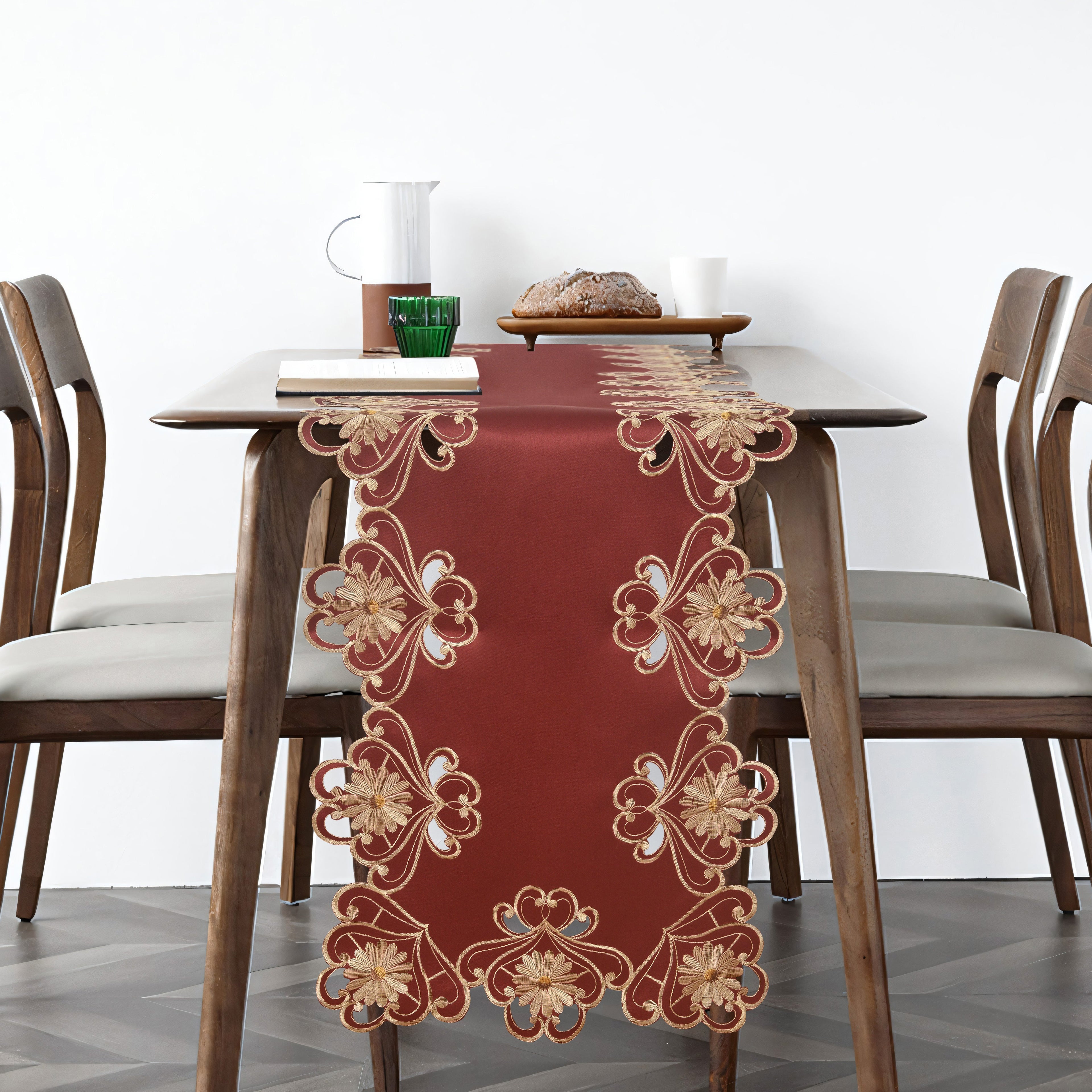 Imperial Red – Gold Lace Red Table Runner, European Embroidery Decorative Dresser Scarf 14*108 inch