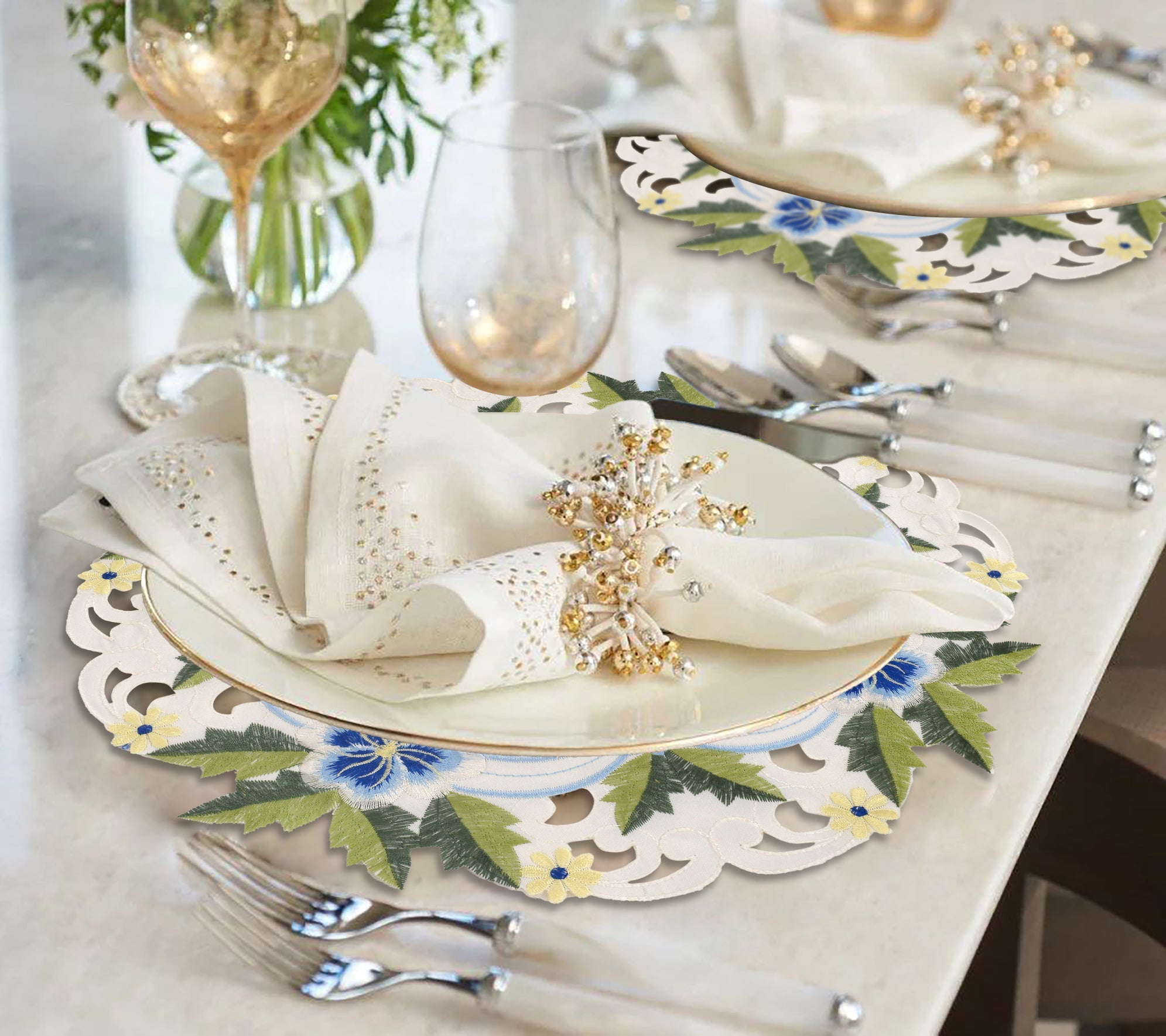 Blue or Green Lace White Doilies - Round Placemats European Embroidery for Dining Table Home Decor Wedding - 15 inches - The Eternal Grace Collection