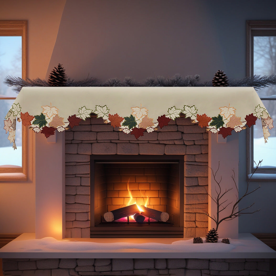 Falling Petals – Cream White Mantel Scarf Cover, The Falling Petals Collection Artistic Embroidered Home Décor 18x90 inch