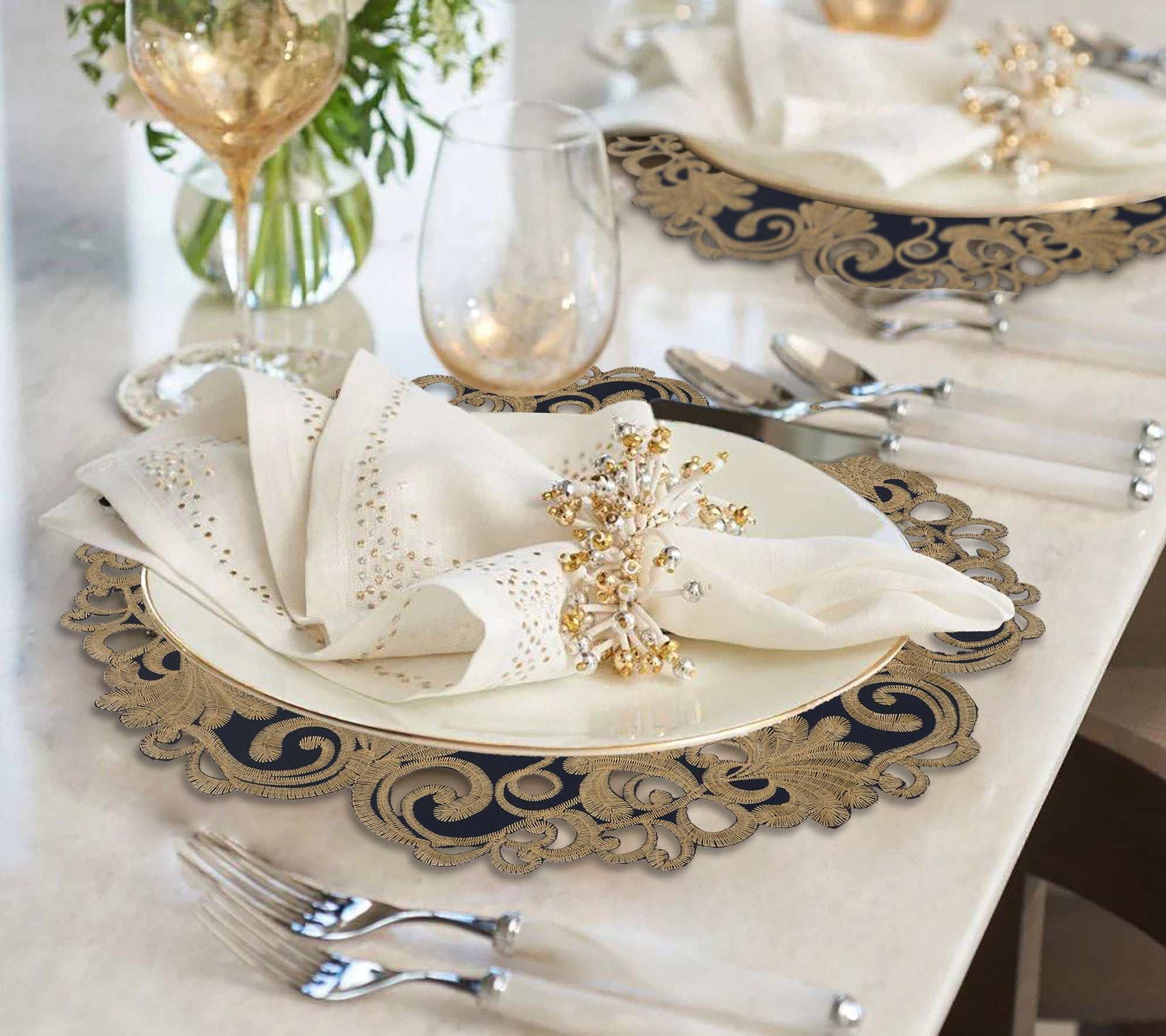 Vintage Opulence – Gold Lace Blue Round Doilies, The Vintage Opulence Collection European Embroidery Décor 15 inch