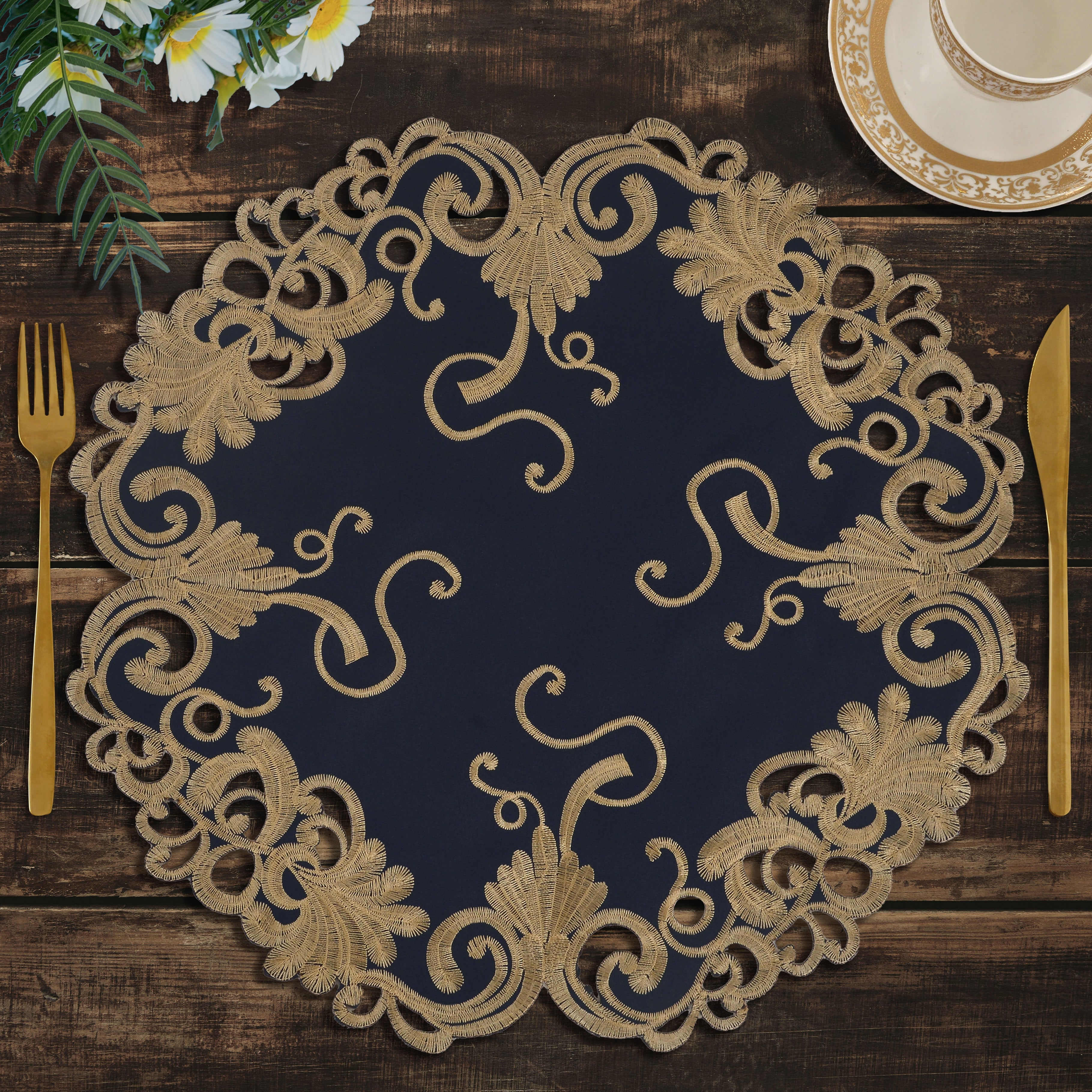 Vintage Opulence – Gold Lace Blue Round Doilies, The Vintage Opulence Collection European Embroidery Décor 15 inch