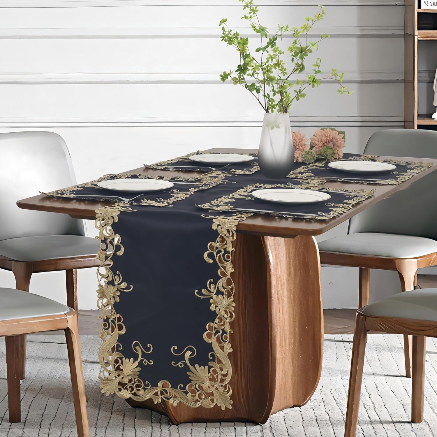 Vintage Opulence – Gold Lace Blue Table Runner, European Embroidery Table Décor 14*108 inch