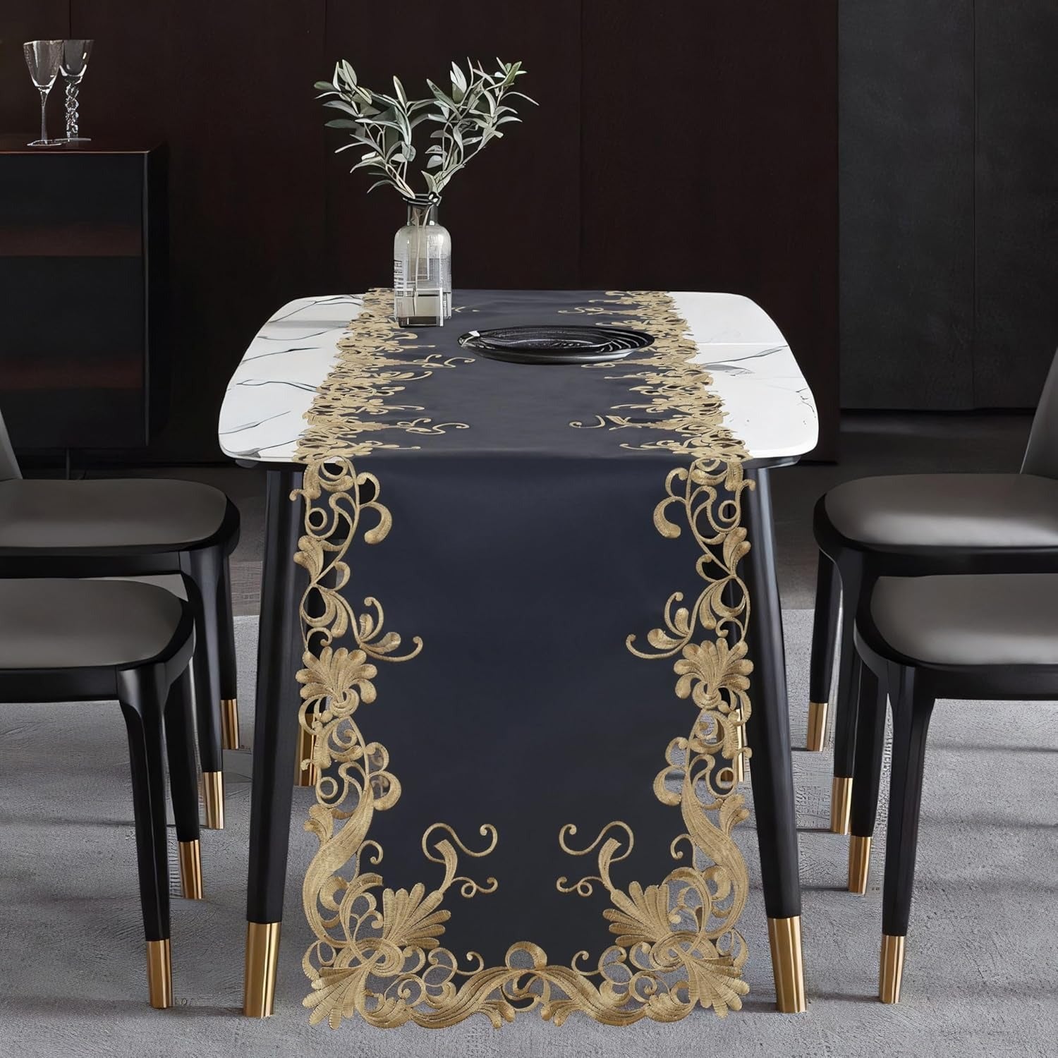 Vintage Opulence – Gold Lace Blue Table Runner, European Embroidery Table Décor 14*108 inch