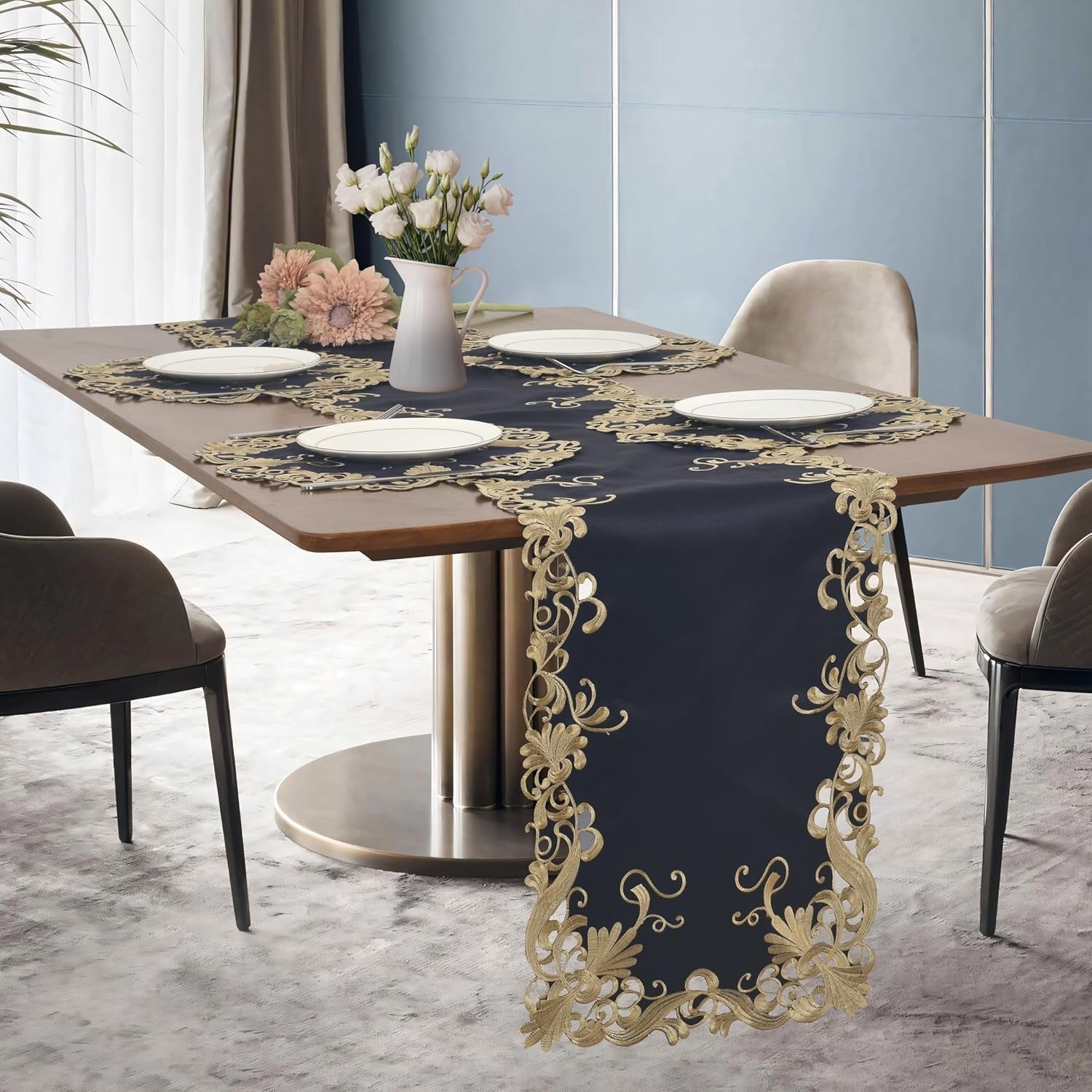 Vintage Opulence – Gold Lace Blue Table Runner, European Embroidery Table Décor 14*108 inch