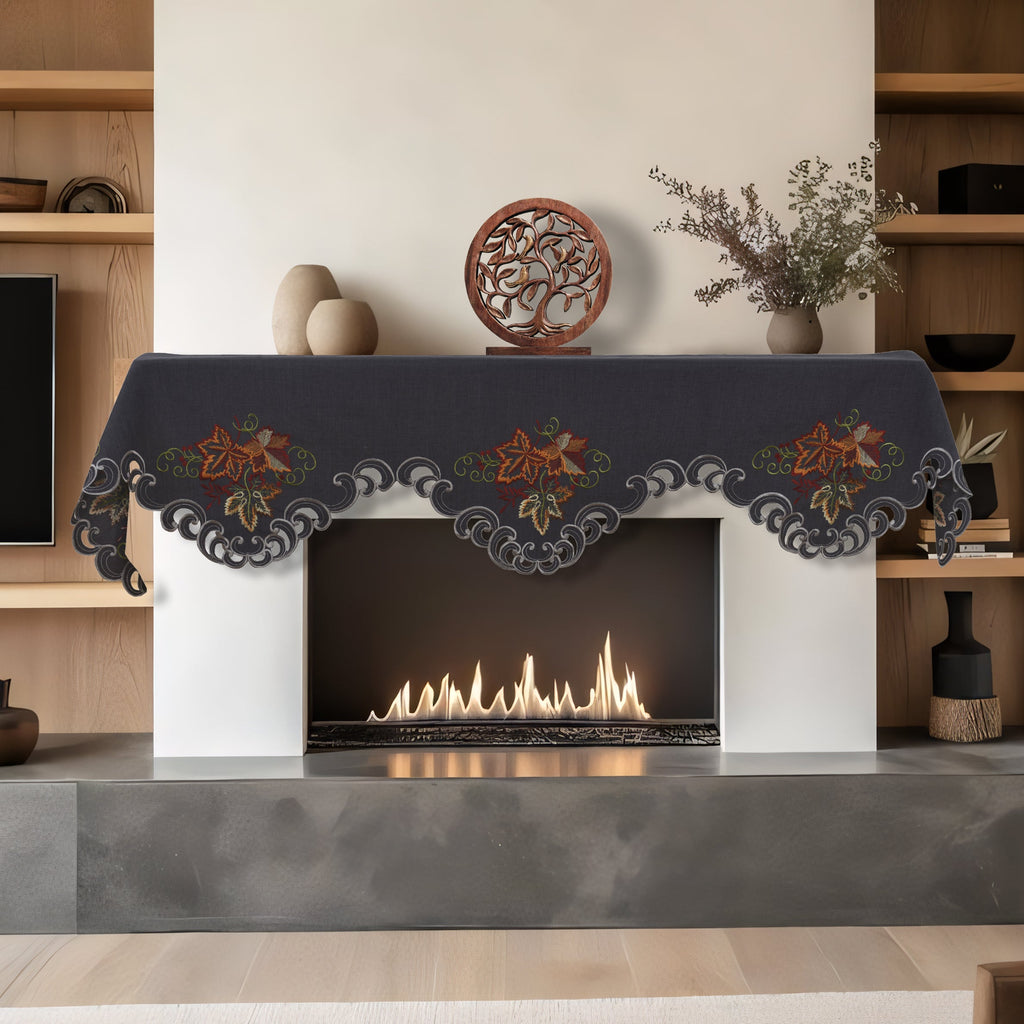 Charcoal Fleur – Charcoal Gray Mantel Scarf Cover, The Charcoal Fleur Collection Elegant Embroidered Home Décor 18x90 inch