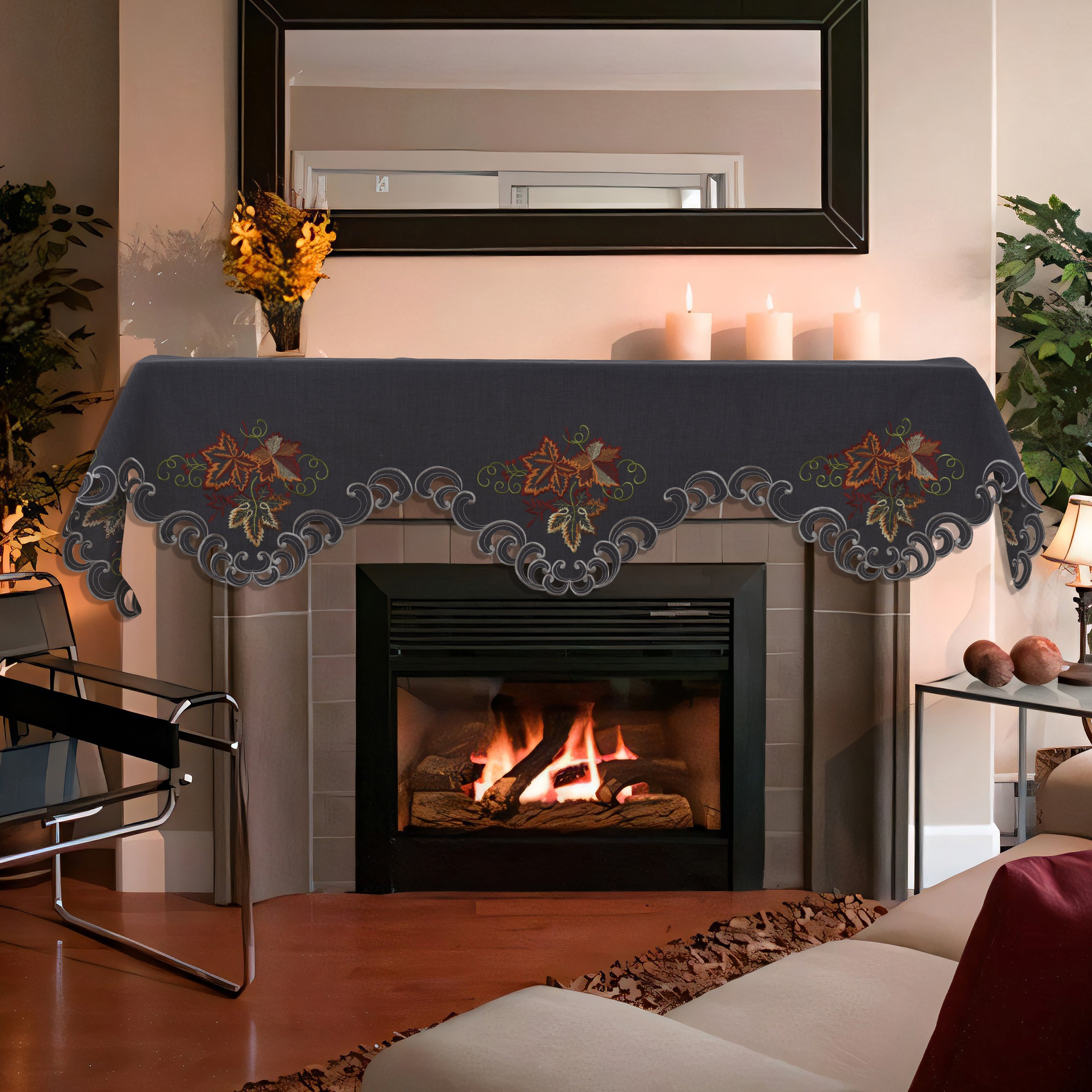 Charcoal Fleur – Charcoal Gray Mantel Scarf Cover, The Charcoal Fleur Collection Elegant Embroidered Home Décor 18x90 inch
