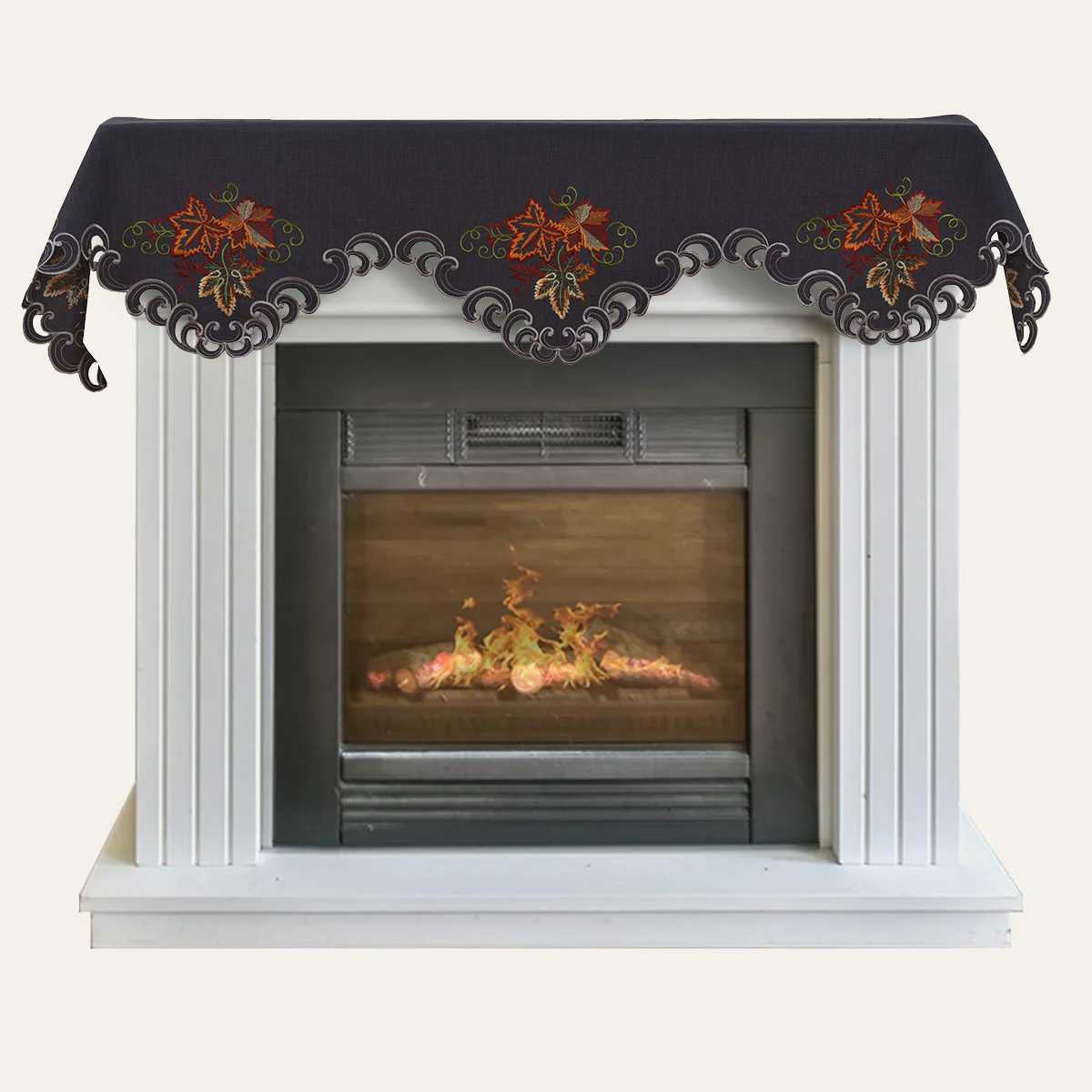 Charcoal Fleur – Charcoal Gray Mantel Scarf Cover, The Charcoal Fleur Collection Elegant Embroidered Home Décor 18x90 inch