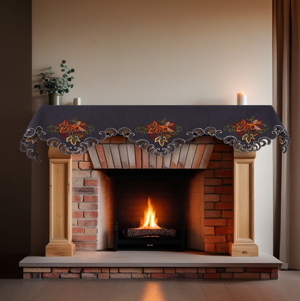 Charcoal Fleur – Charcoal Gray Mantel Scarf Cover, The Charcoal Fleur Collection Elegant Embroidered Home Décor 18x90 inch