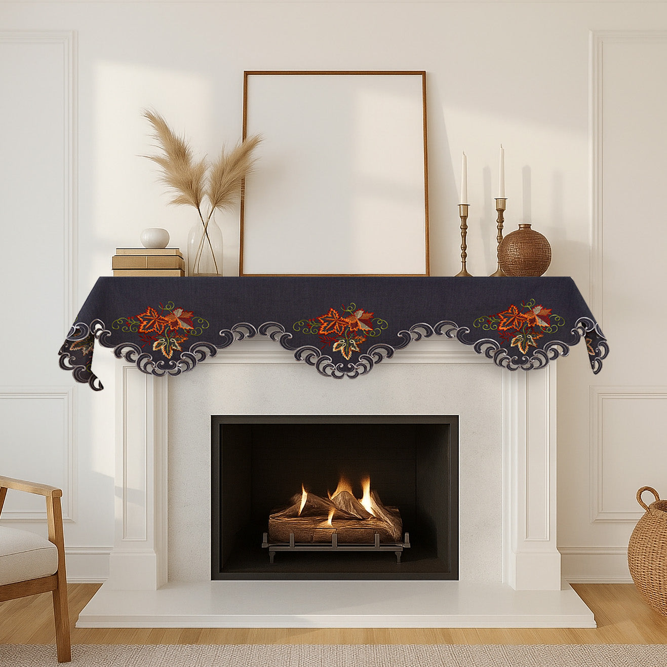 Charcoal Fleur – Charcoal Gray Mantel Scarf Cover, The Charcoal Fleur Collection Elegant Embroidered Home Décor 18x90 inch