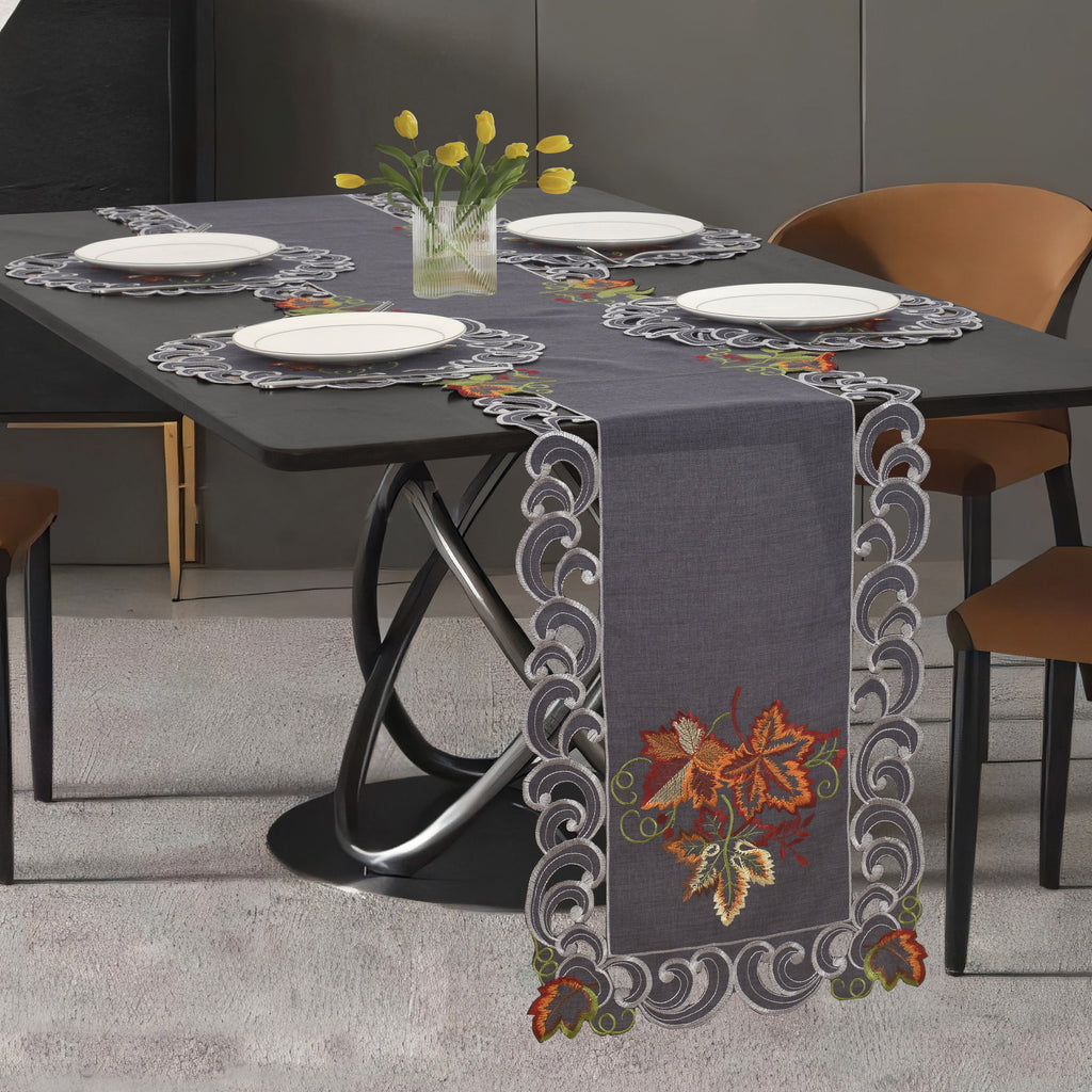 Charcoal Fleur – Charcoal Gray Table Runner, European Embroidery Decorative Dresser Scarf 14*108 inch