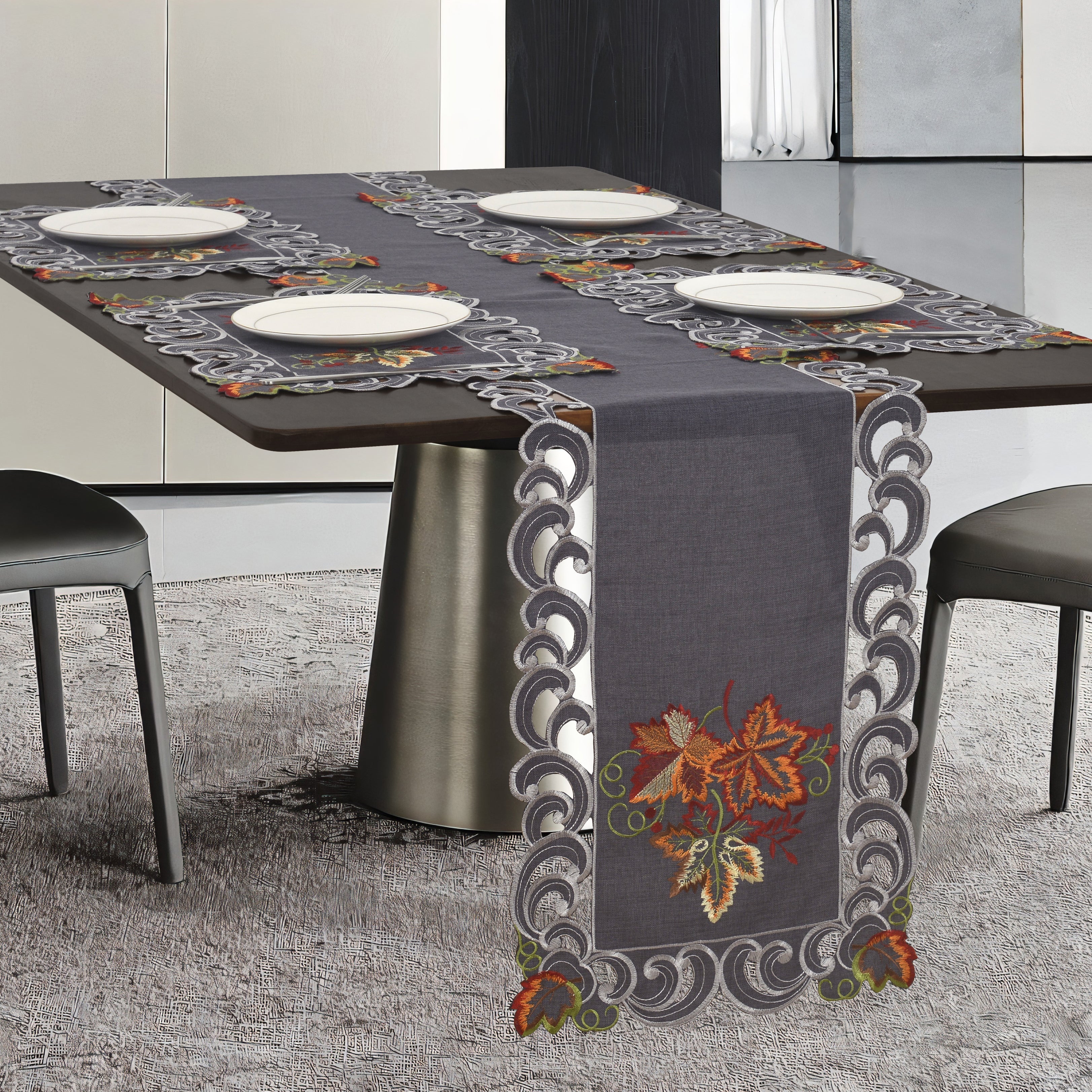 Charcoal Fleur – Charcoal Gray Table Runner, European Embroidery Decorative Dresser Scarf 14*108 inch