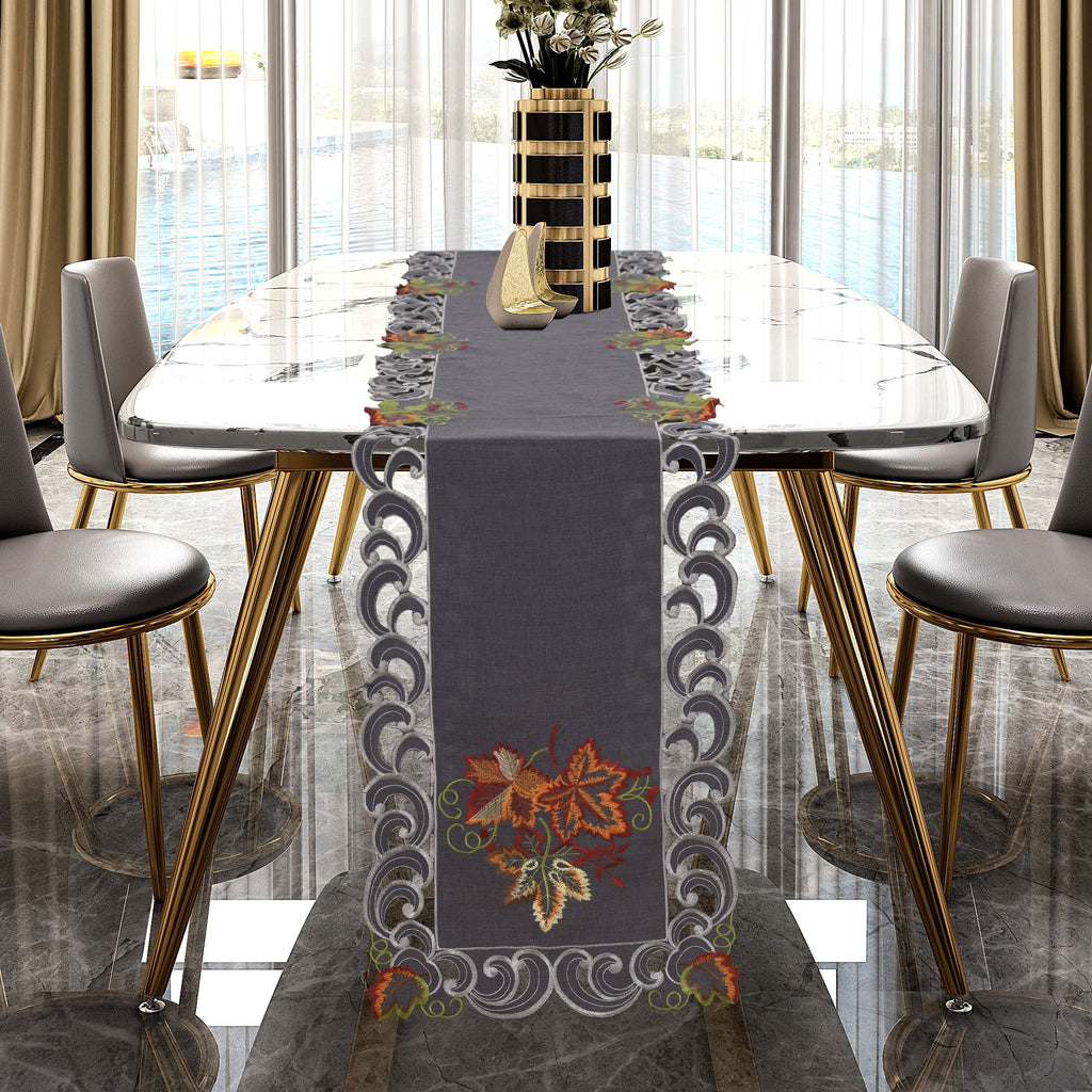 Charcoal Fleur – Charcoal Gray Table Runner, European Embroidery Decorative Dresser Scarf 14*108 inch