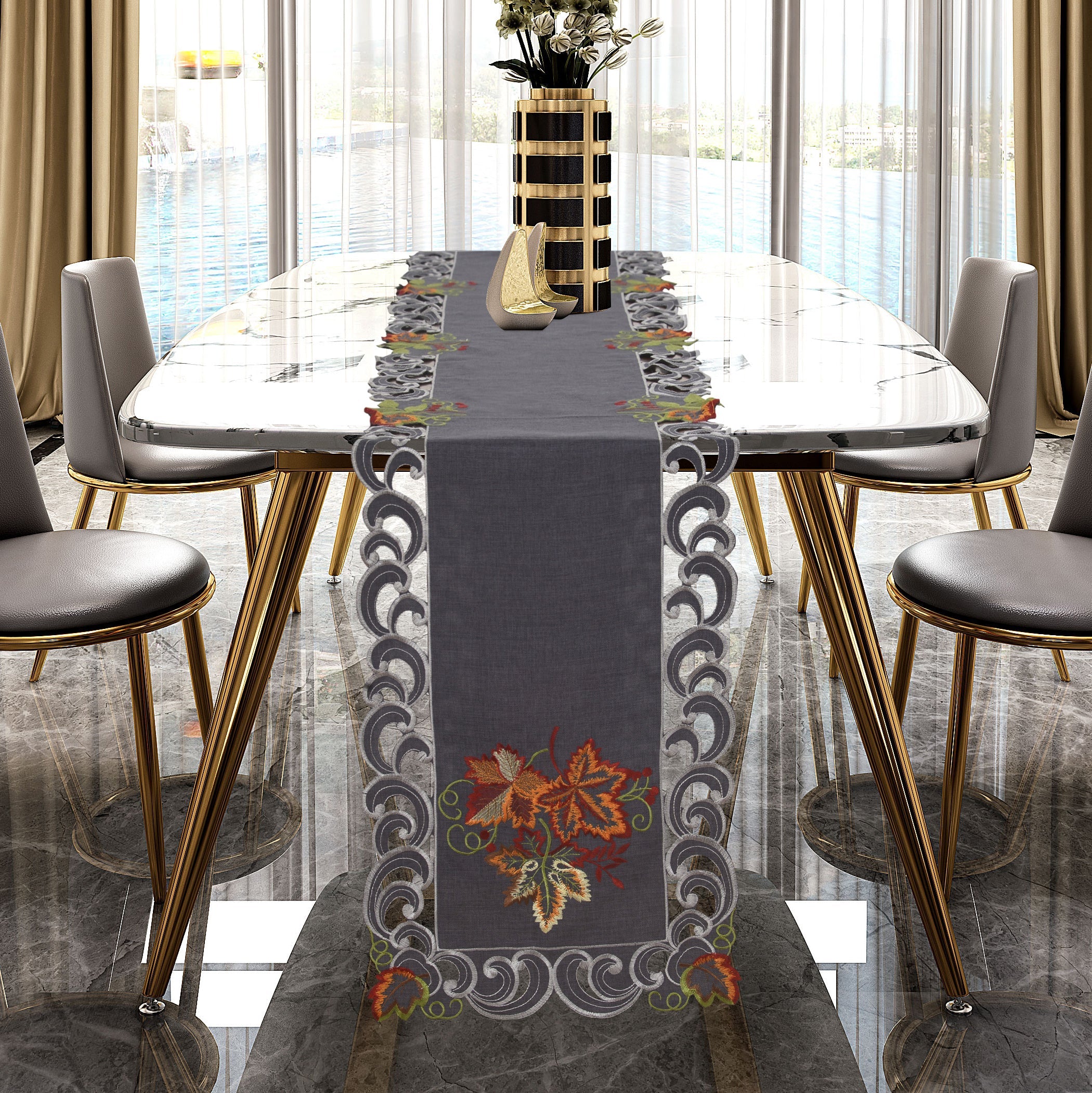 Charcoal Fleur – Charcoal Gray Table Runner, European Embroidery Decorative Dresser Scarf 14*108 inch