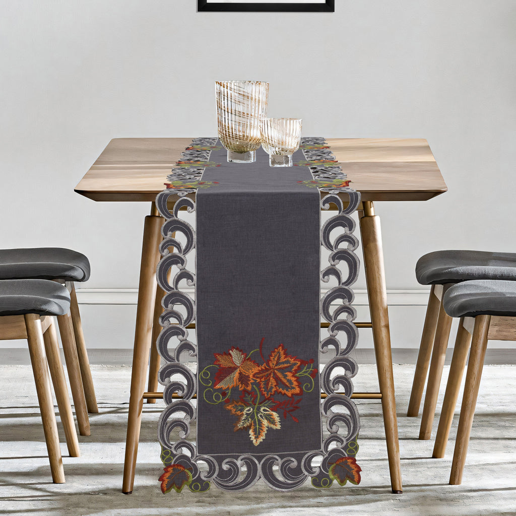 Charcoal Fleur – Charcoal Gray Table Runner, European Embroidery Decorative Dresser Scarf 14*108 inch