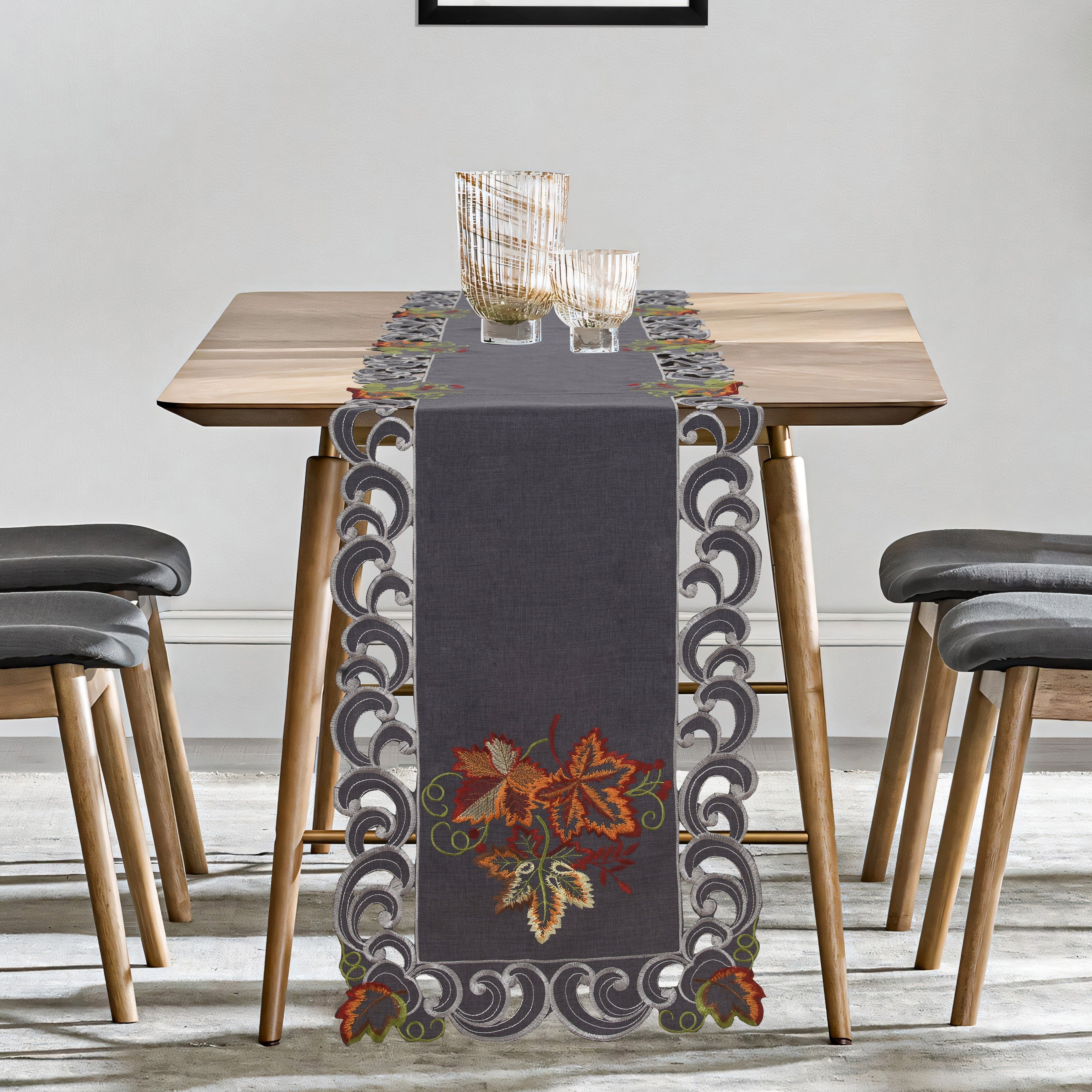 Charcoal Fleur – Charcoal Gray Table Runner, European Embroidery Decorative Dresser Scarf 14*108 inch