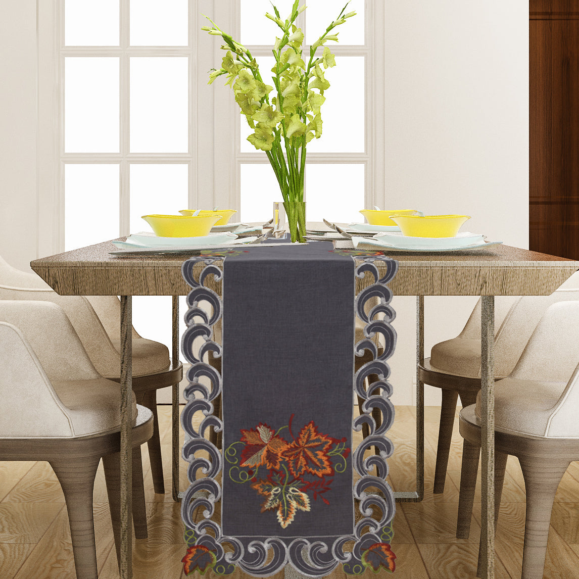 Charcoal Fleur – Charcoal Gray Table Runner, European Embroidery Decorative Dresser Scarf 14*108 inch