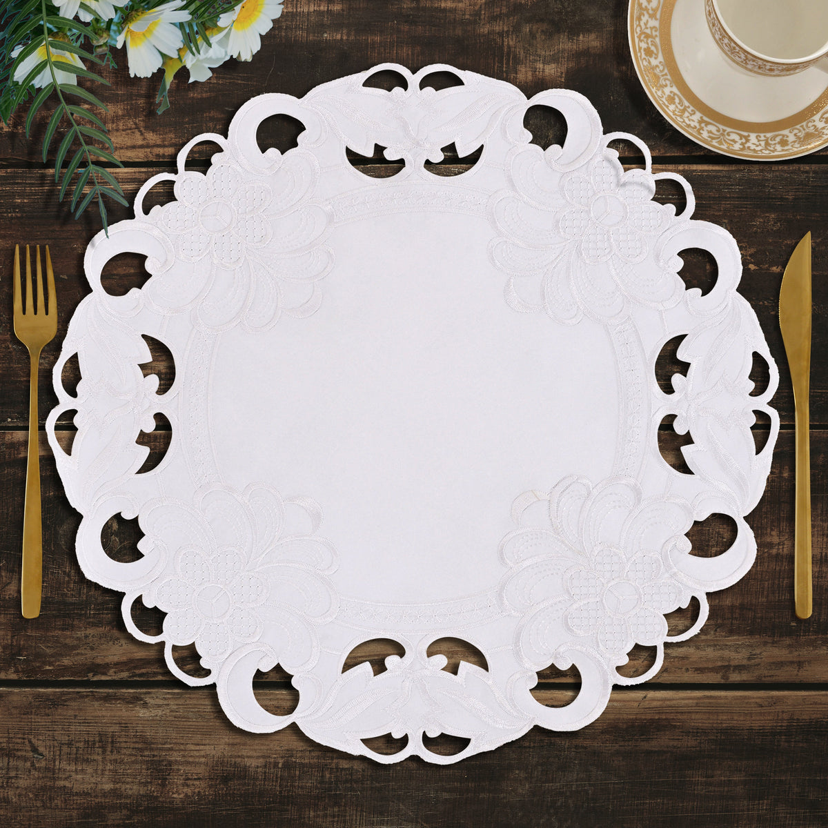 Round Linen Placemats – Elegant 15 Inch Embroidered Doilies for Dining Table Decor