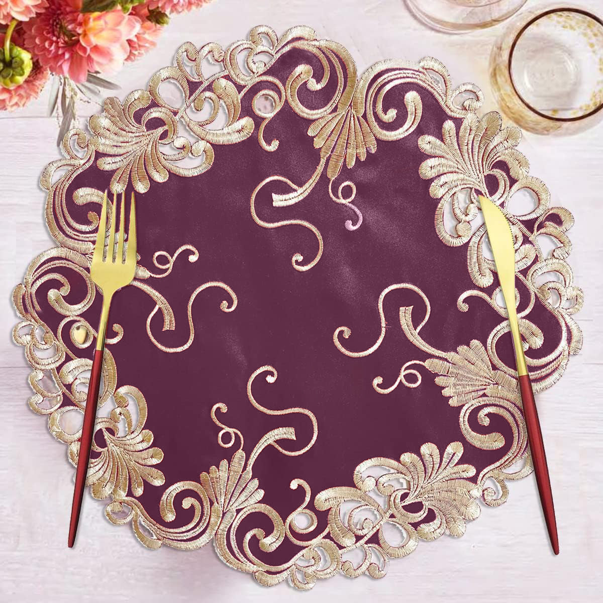 Lace Doilies – Premium Linen Fabric Doilies with Intricate Embroidery, 15 Inch Table Decor