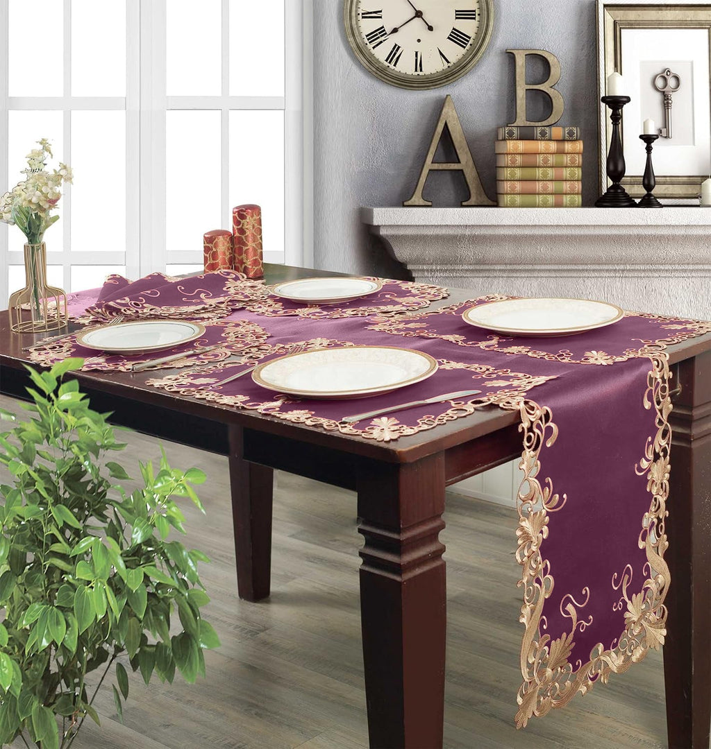 Petal Amethyst – Purple Table Runner, Falling Petals Collection European Embroidered Décor 14*108 inch