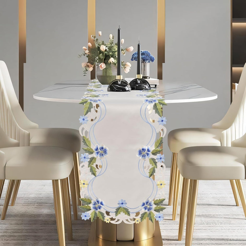 Eternal Grace – Blue and Green Lace White Table Runner, European Embroidery Decorative Décor 14*108 inch