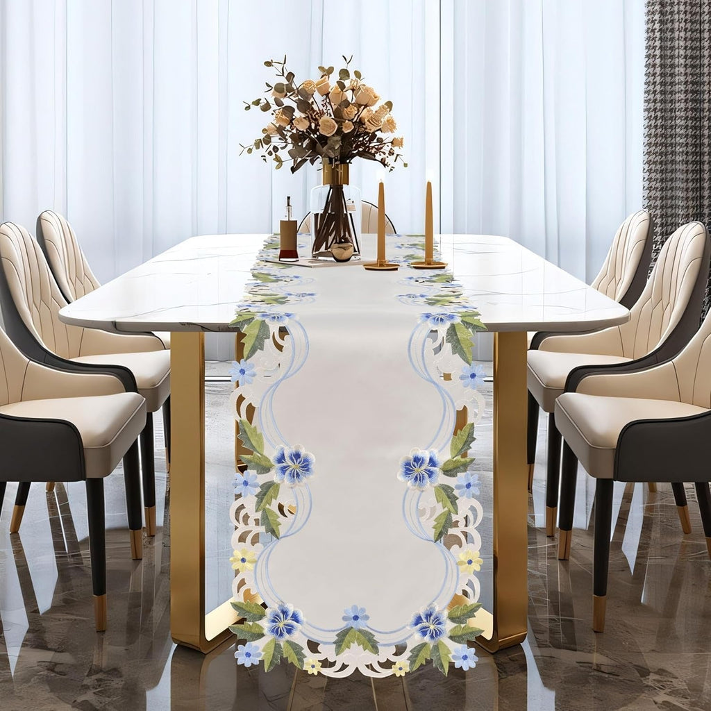 Eternal Grace – Blue and Green Lace White Table Runner, European Embroidery Decorative Décor 14*108 inch