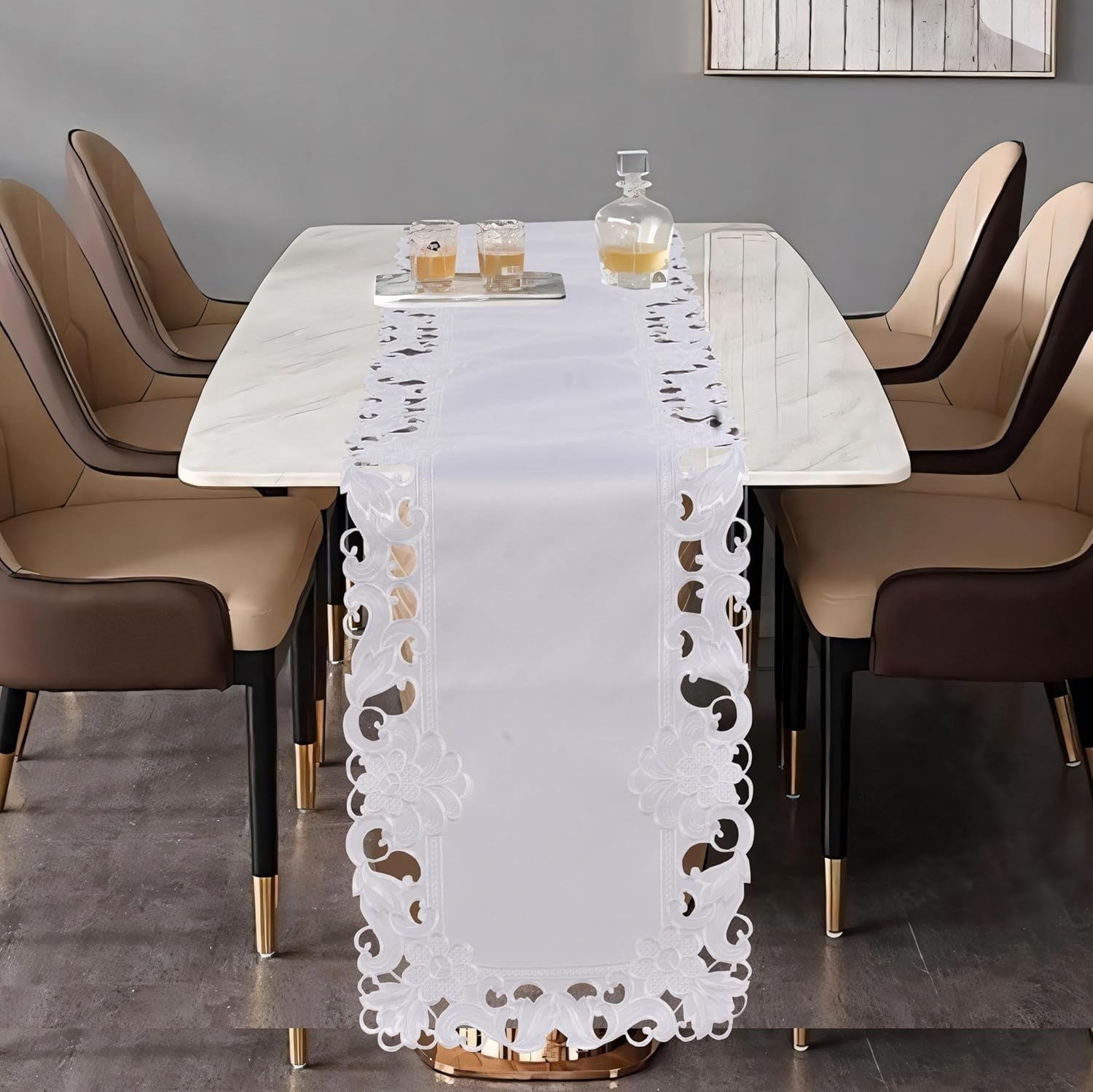 Snow Blossom – White Table Runner, European Embroidery Decorative Dresser Scarf 14*108 inch