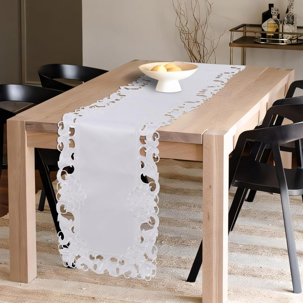 Snow Blossom – White Table Runner, European Embroidery Decorative Dresser Scarf 14*108 inch