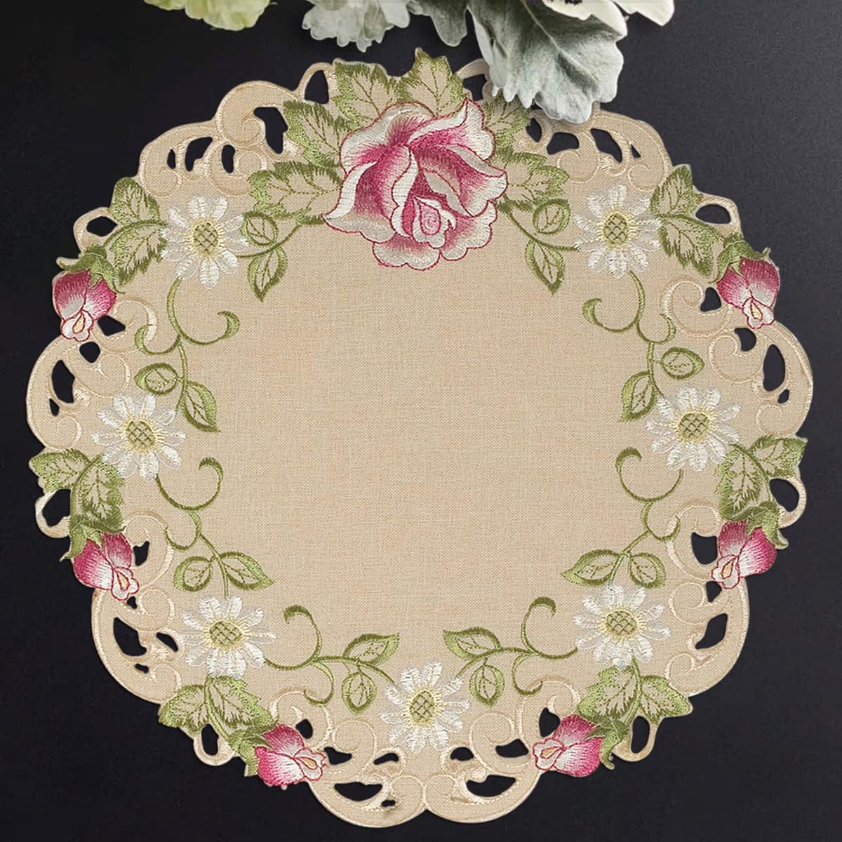Docia Sand – Beige Table Doilies, Docia Collection Elegant Decorative Table Decor 15 inch