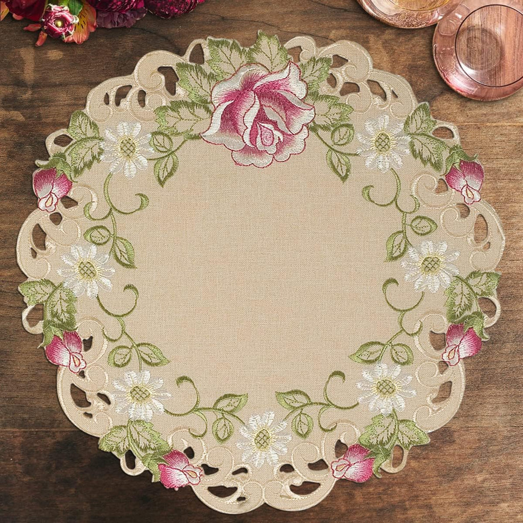 Docia Sand – Beige Table Doilies, Docia Collection Elegant Decorative Table Decor 15 inch