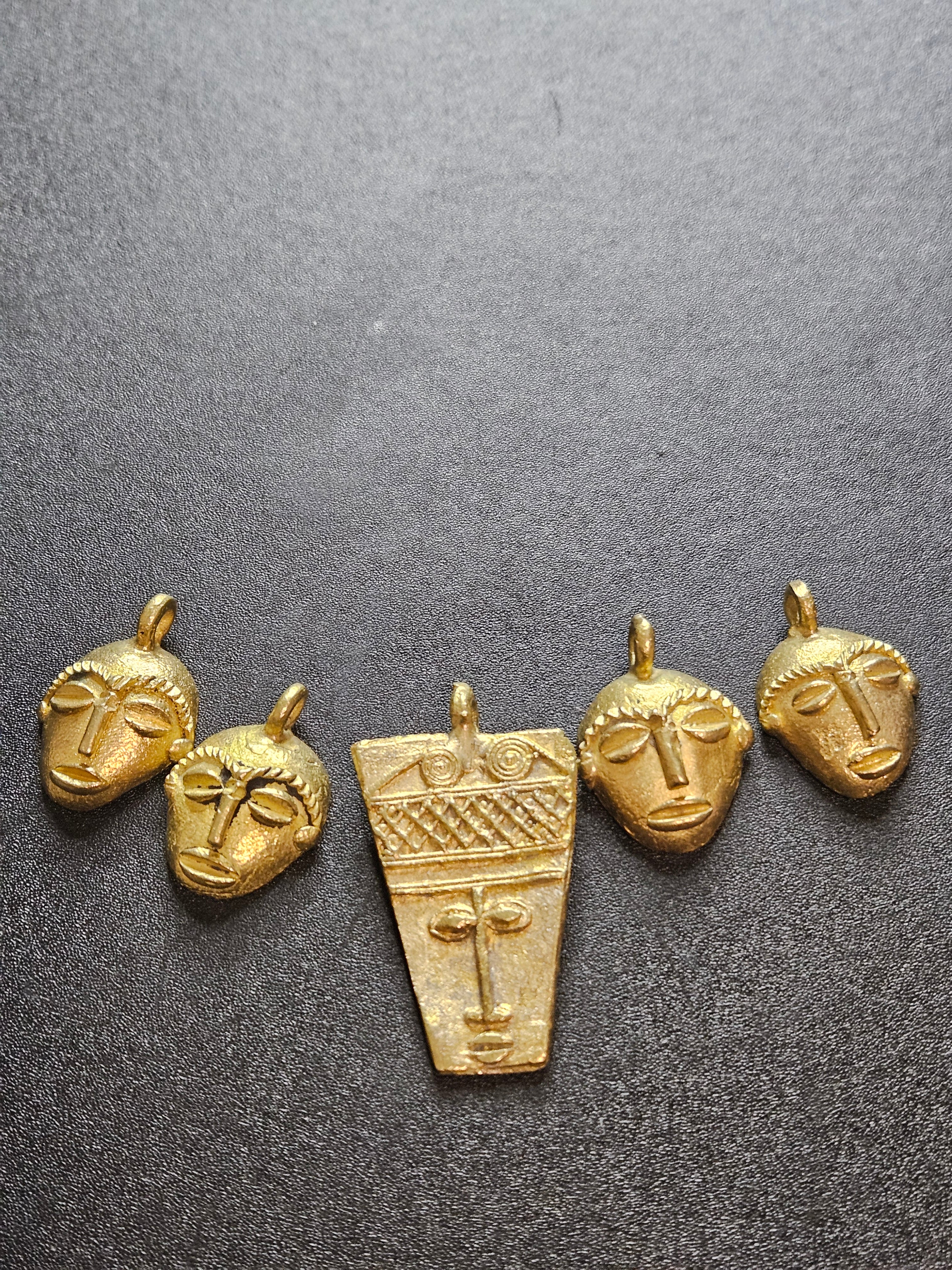 Ashanti Brass Mask Pendant Set – 5 Handcrafted Ghanaian Heritage Masks