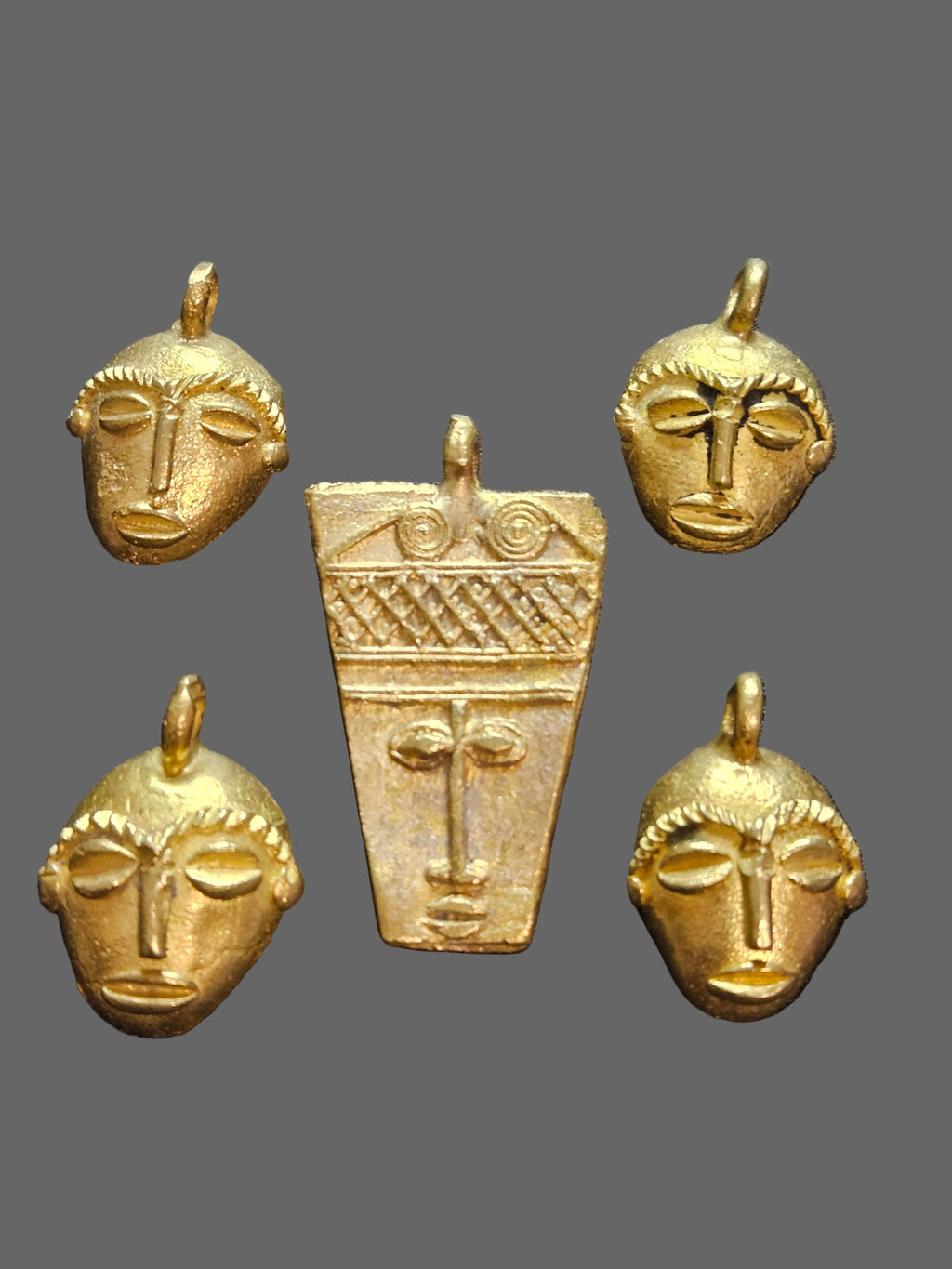 Ashanti Brass Mask Pendant Set – 5 Handcrafted Ghanaian Heritage Masks