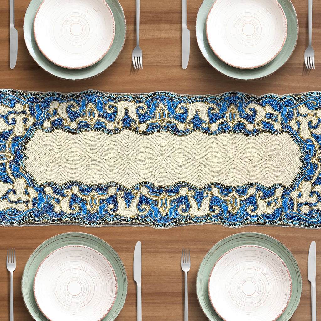Beaded Table Runner - White Blue 54" x 13"