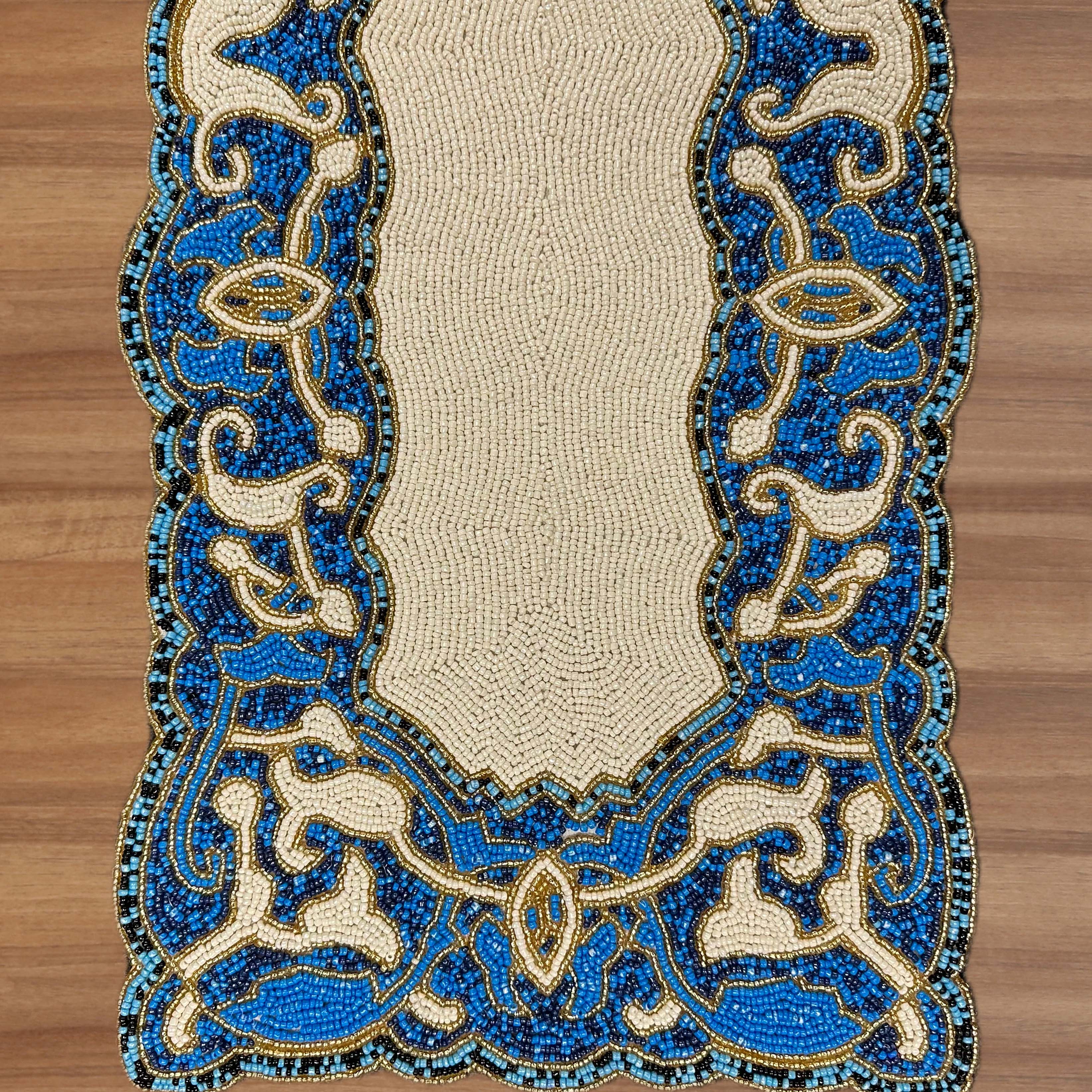 Beaded Table Runner - White Blue 54" x 13"