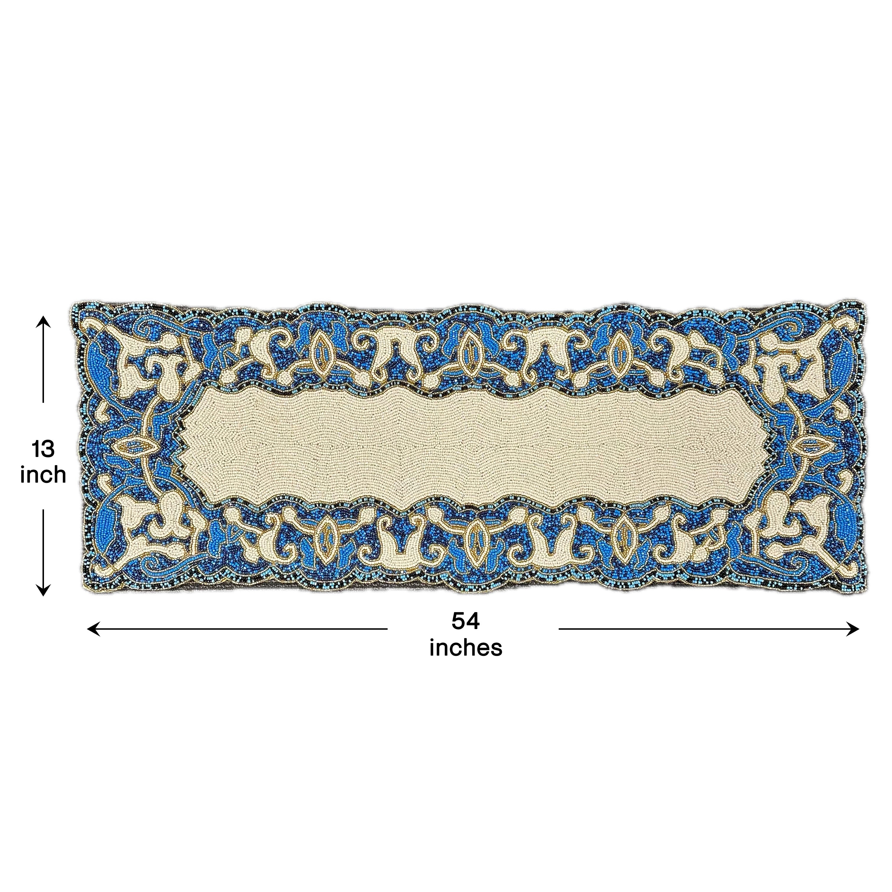 Beaded Table Runner - White Blue 54" x 13"
