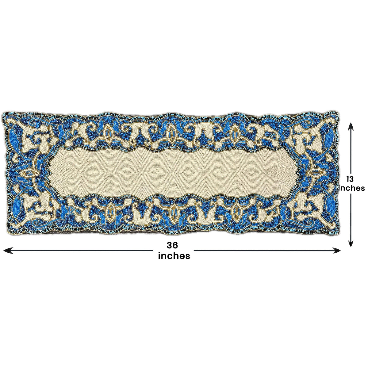 Beaded Table Runner – White Blue, 36x13 Inch