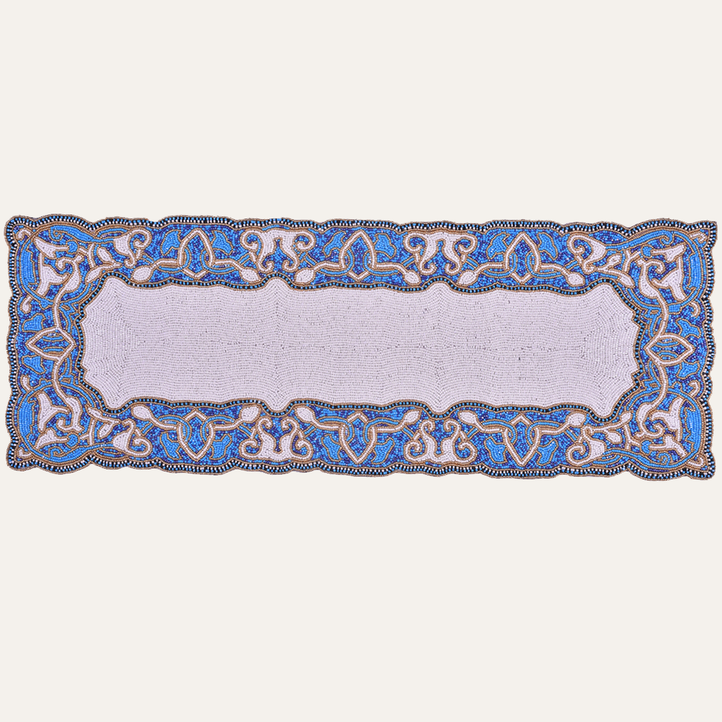 Beaded Table Runner - White Blue 36" x 13"