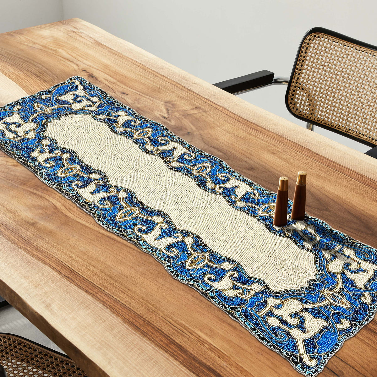 Beaded Table Runner – White Blue, 36x13 Inch