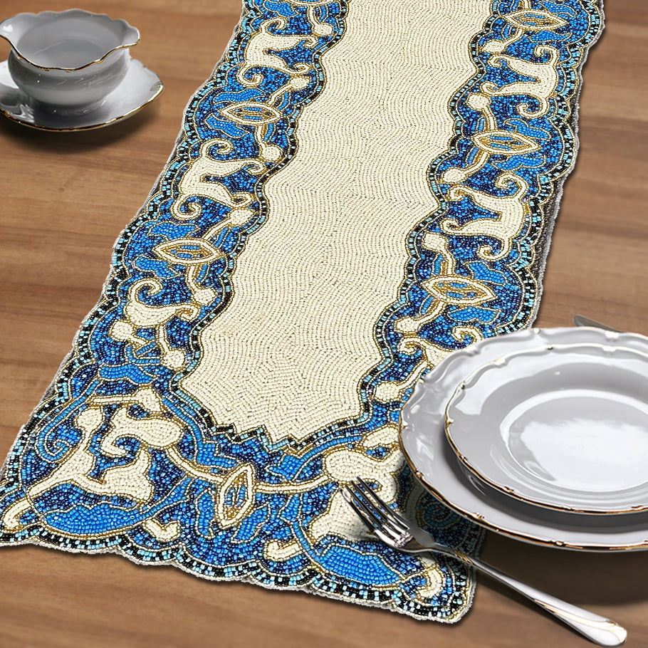 Beaded Table Runner – White Blue, 36x13 Inch