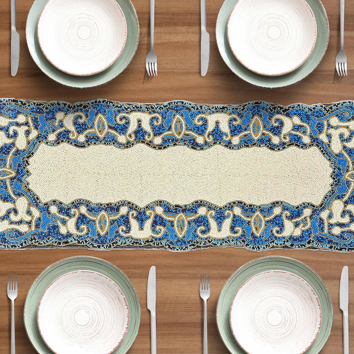 Beaded Table Runner – White Blue, 36x13 Inch