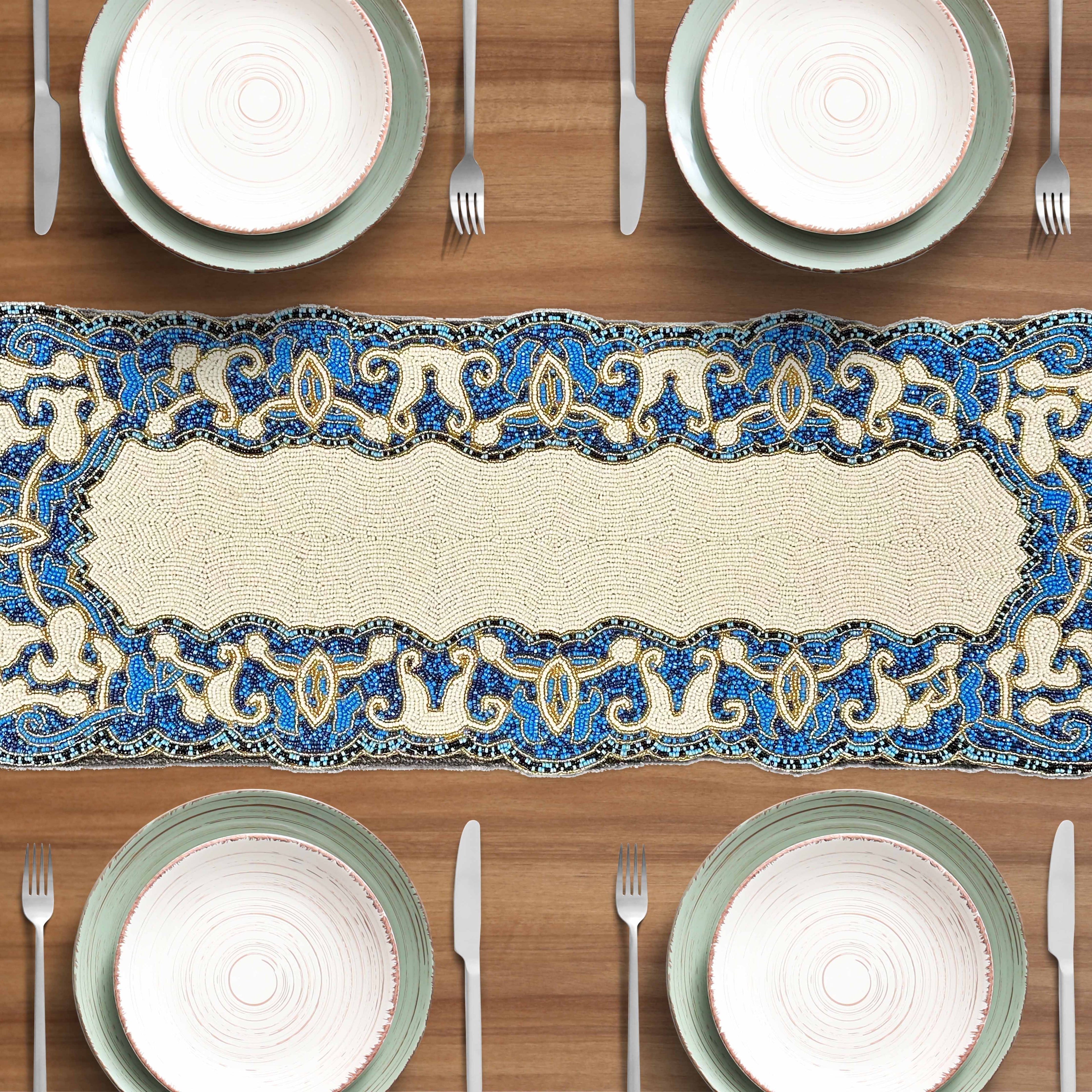 Beaded Table Runner - White Blue 36" x 13"