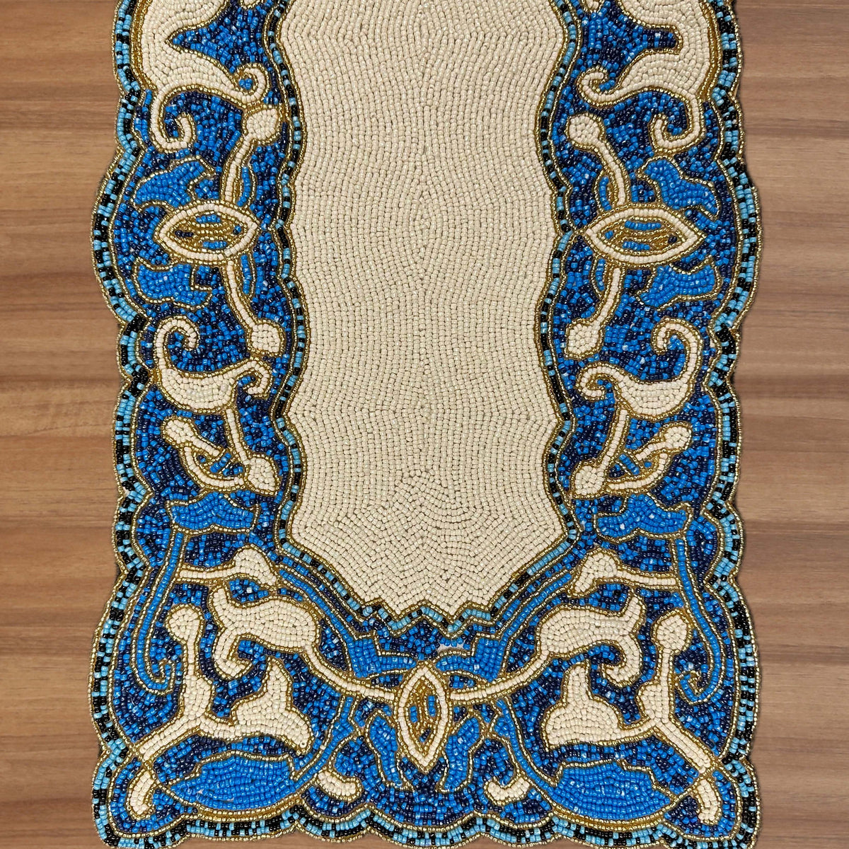 Beaded Table Runner – White Blue, 36x13 Inch