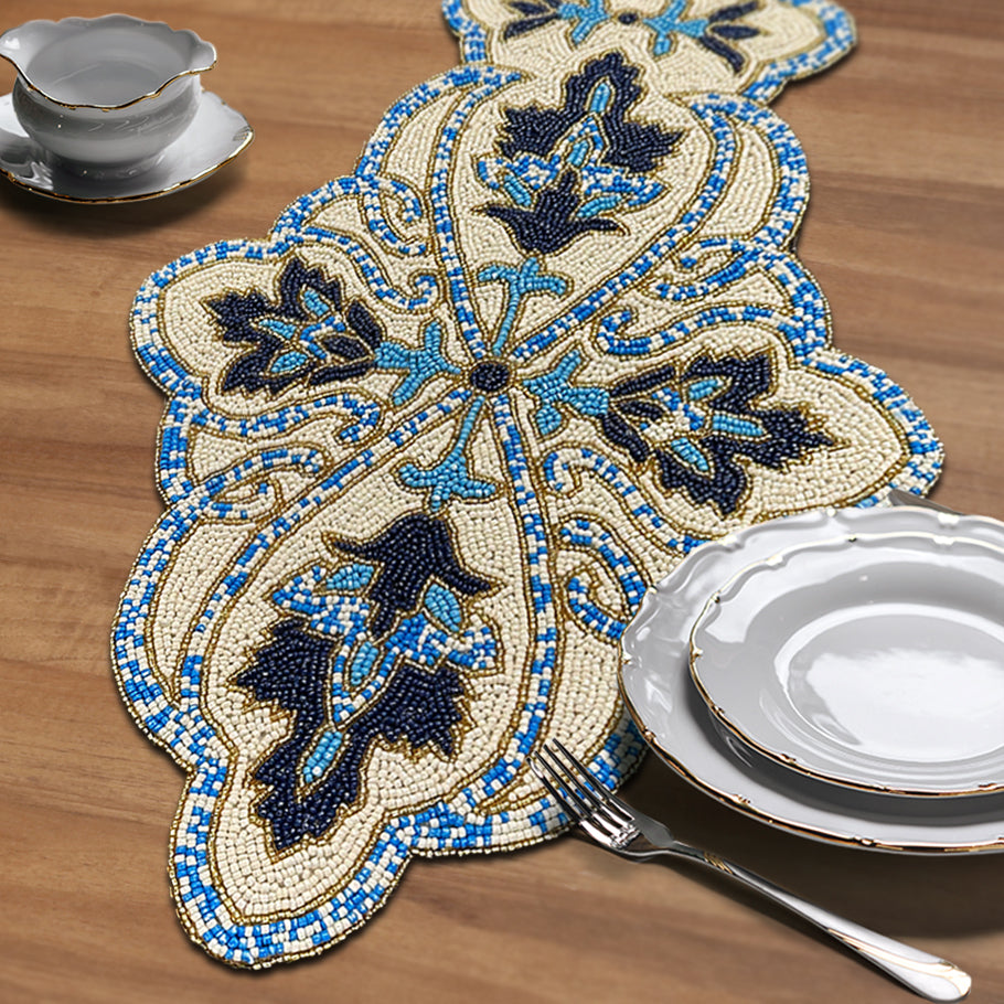 Beaded Table Runner - Blue White 54" x 13"